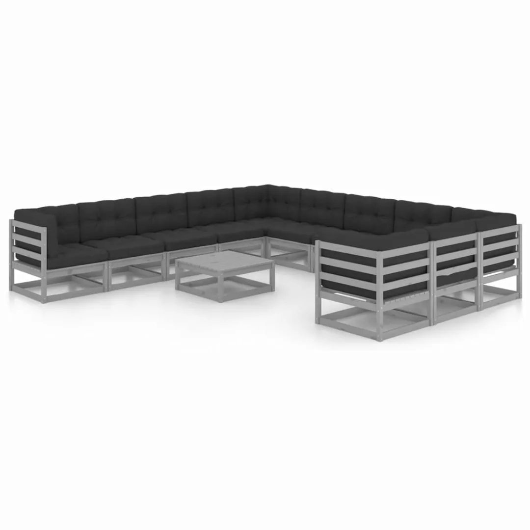 12-tlg. Garten-lounge-set Mit Kissen Grau Kiefer Massivholz günstig online kaufen