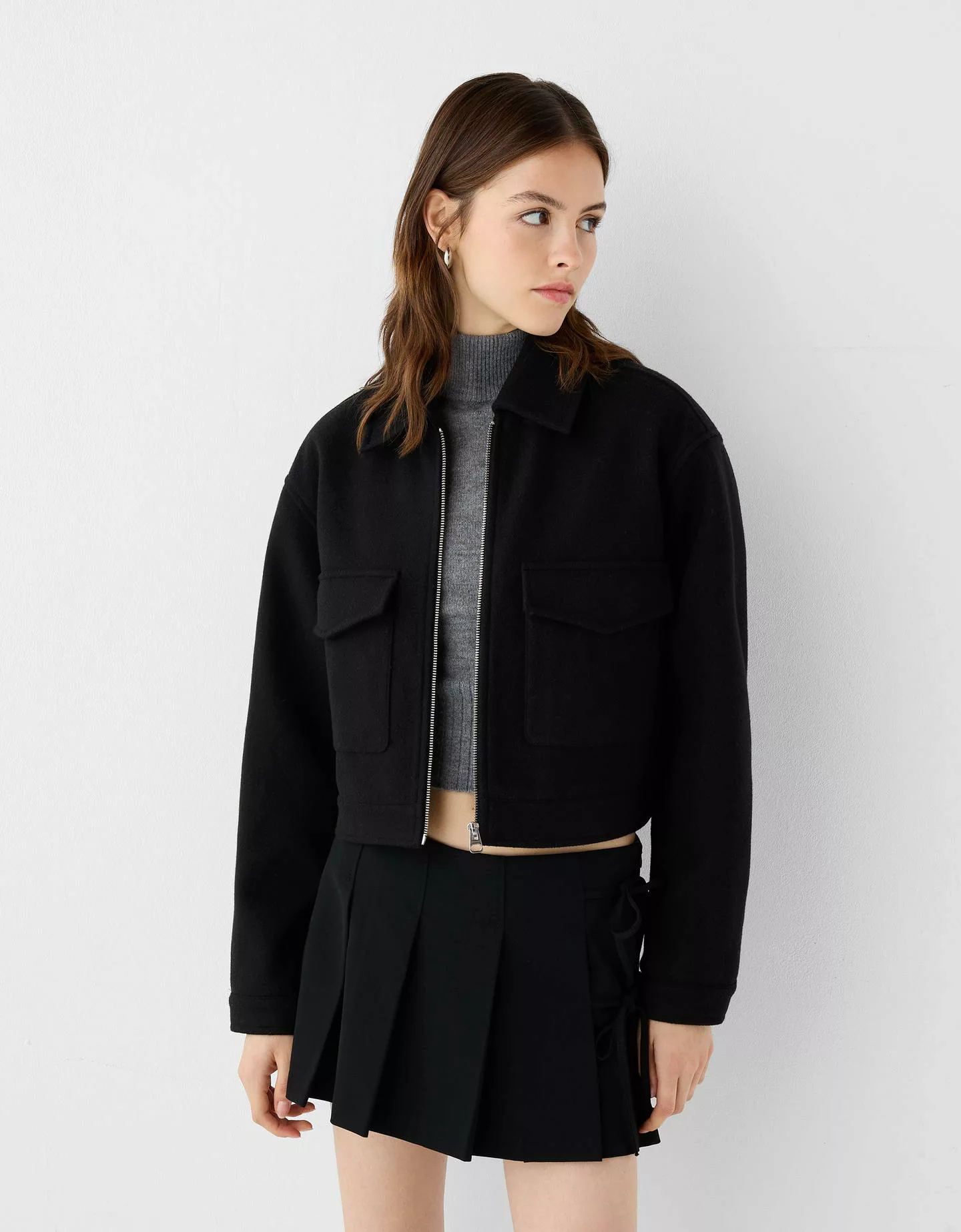 Bershka Soft-Cropped-Jacke Damen L Schwarz günstig online kaufen