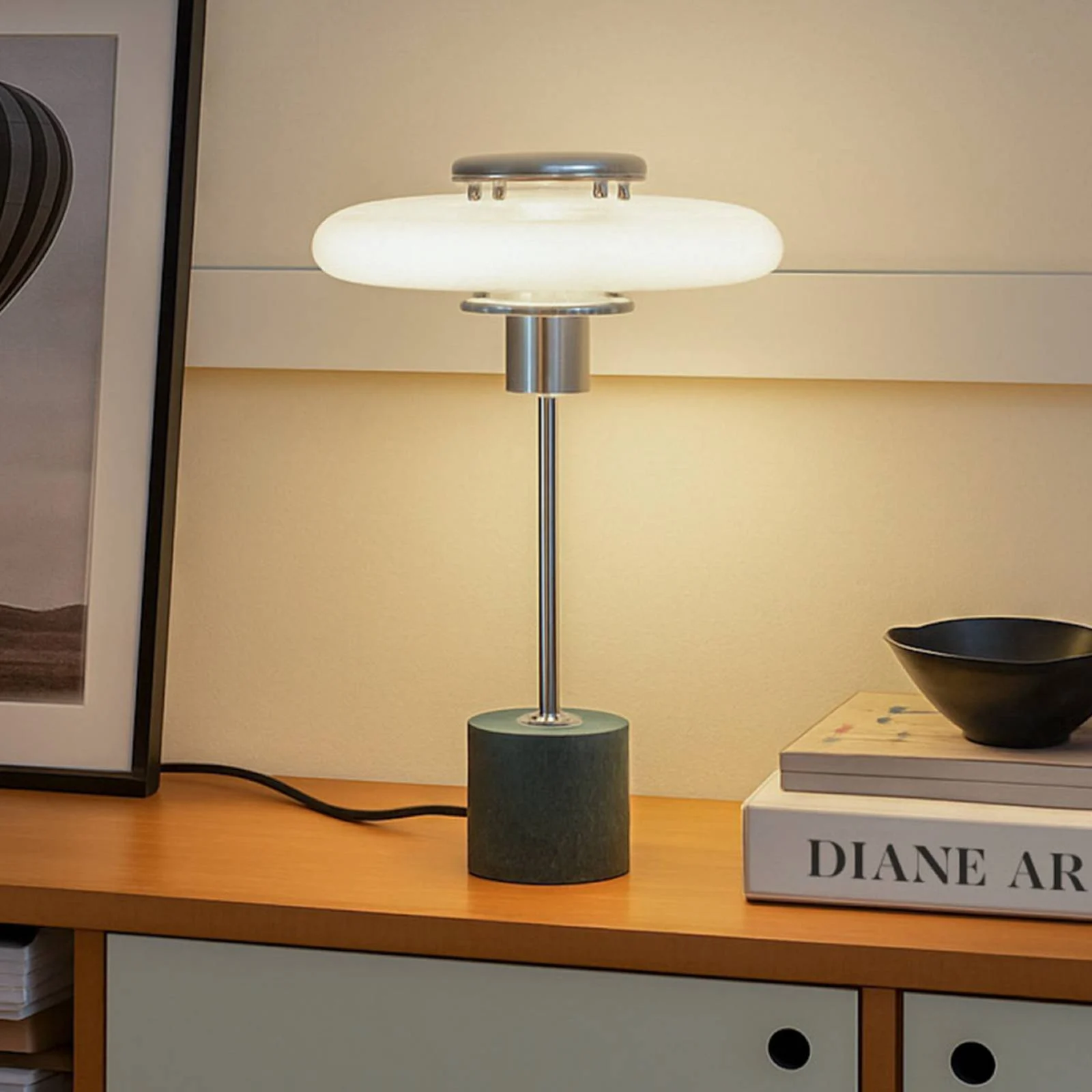 Lindby Tischlampe Branford, Retro, weiß/grün Opalglas/Marmor günstig online kaufen