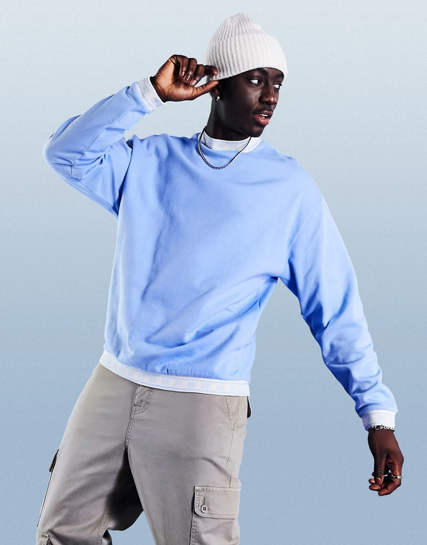 ASOS DESIGN – Oversize-Sweatshirt in Pastellblau mit Fairisle-Streifen am A günstig online kaufen