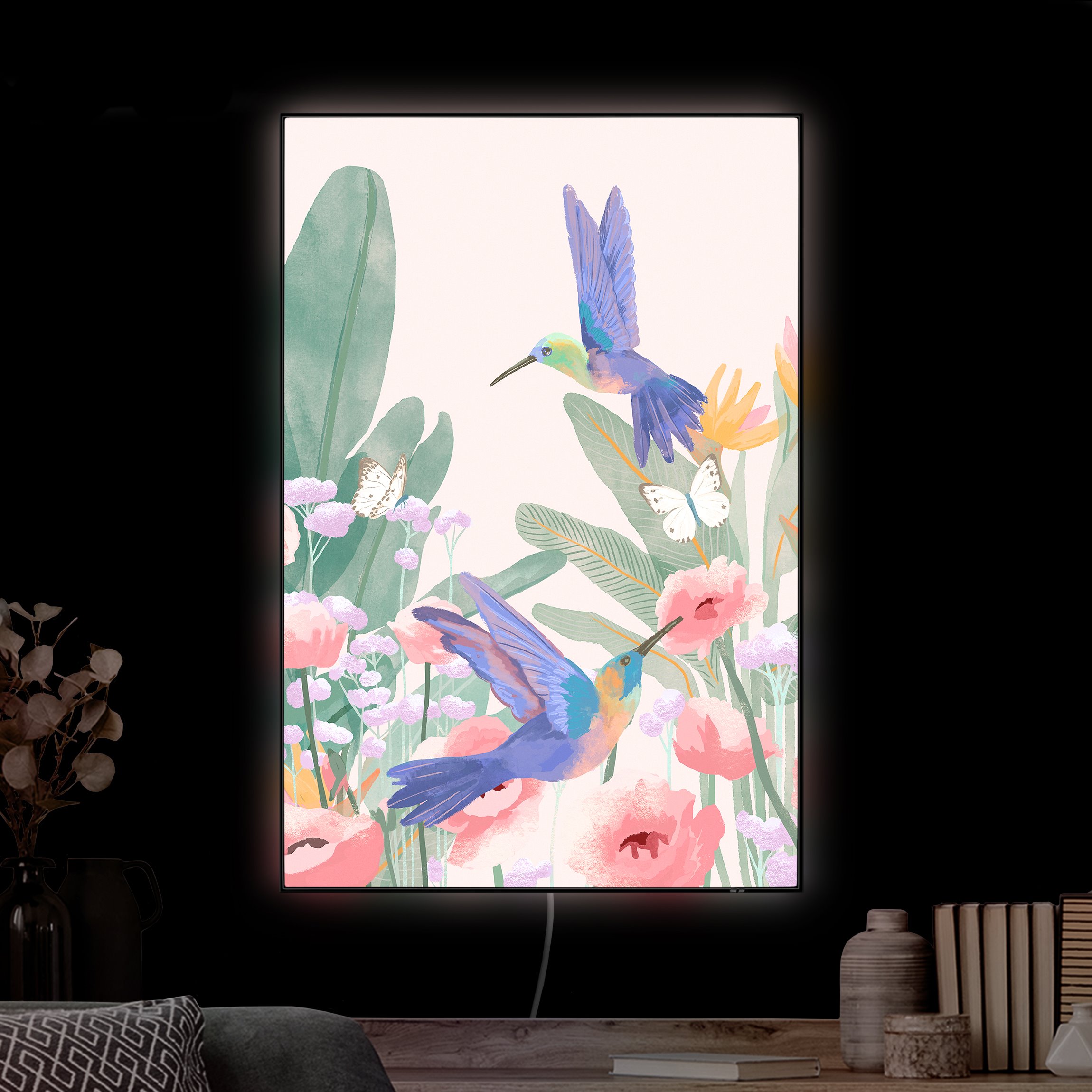 LED-Wechselbild Kolibris und rosa Blüten günstig online kaufen