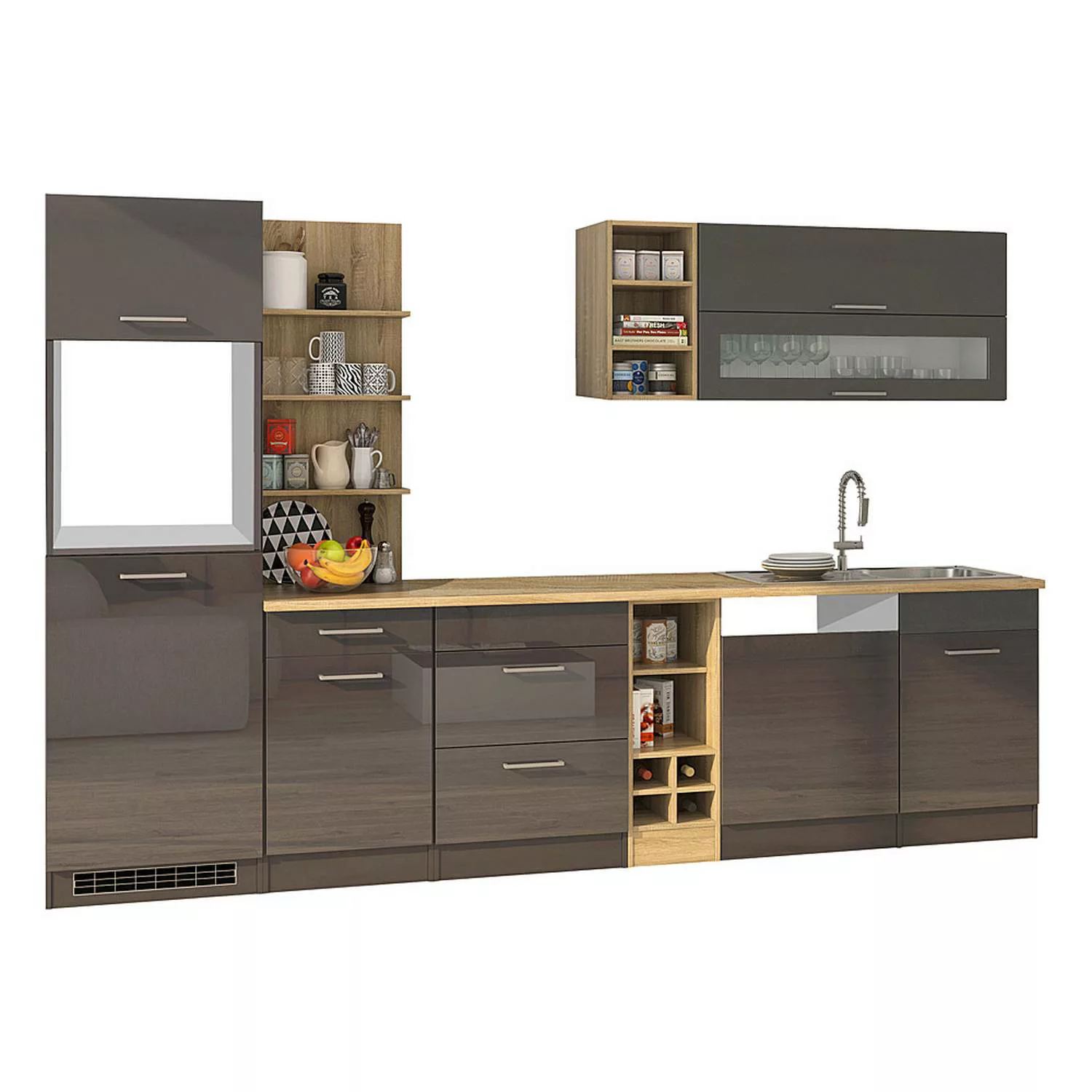 Küchenzeile grau glänzend 310 cm MARANELLO-03 , Anthrazit Hochglanz ohne E- günstig online kaufen