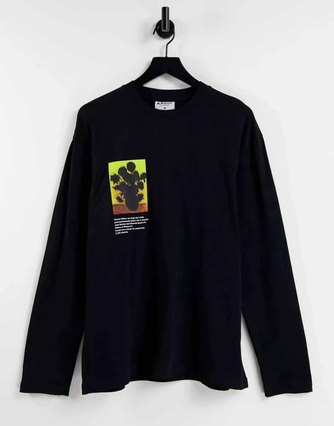 Topman – Langärmliges Oversize-Shirt in Schwarz mit Sonnenblumenprint günstig online kaufen
