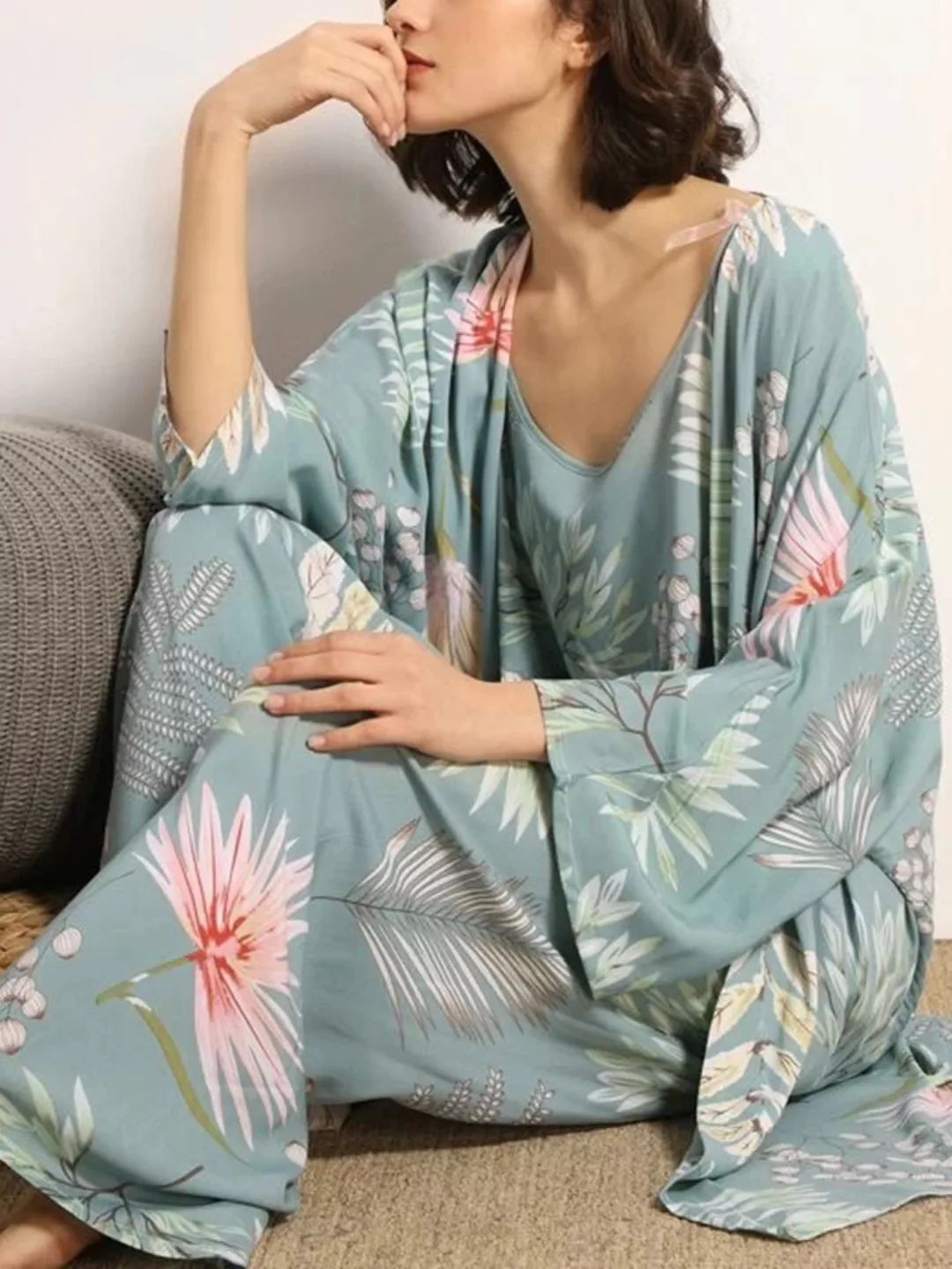 Damen 3-teiliger Blumenpflanzendruck Lose Rüschensaum Bequeme Pyjamas-Sets günstig online kaufen