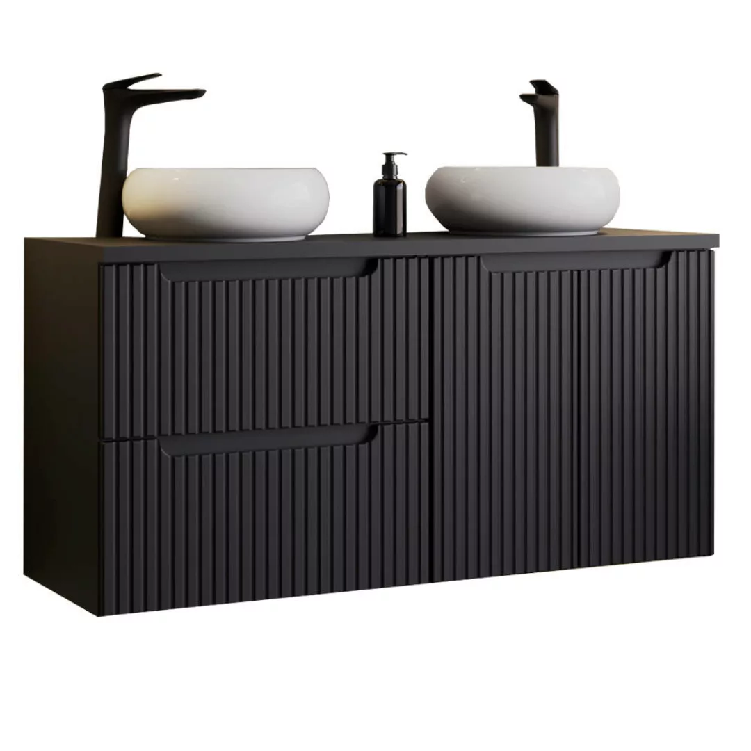 Doppelwaschtisch 120 cm mit Aufsatzwaschbecken, schwarz mit gerillter Front günstig online kaufen