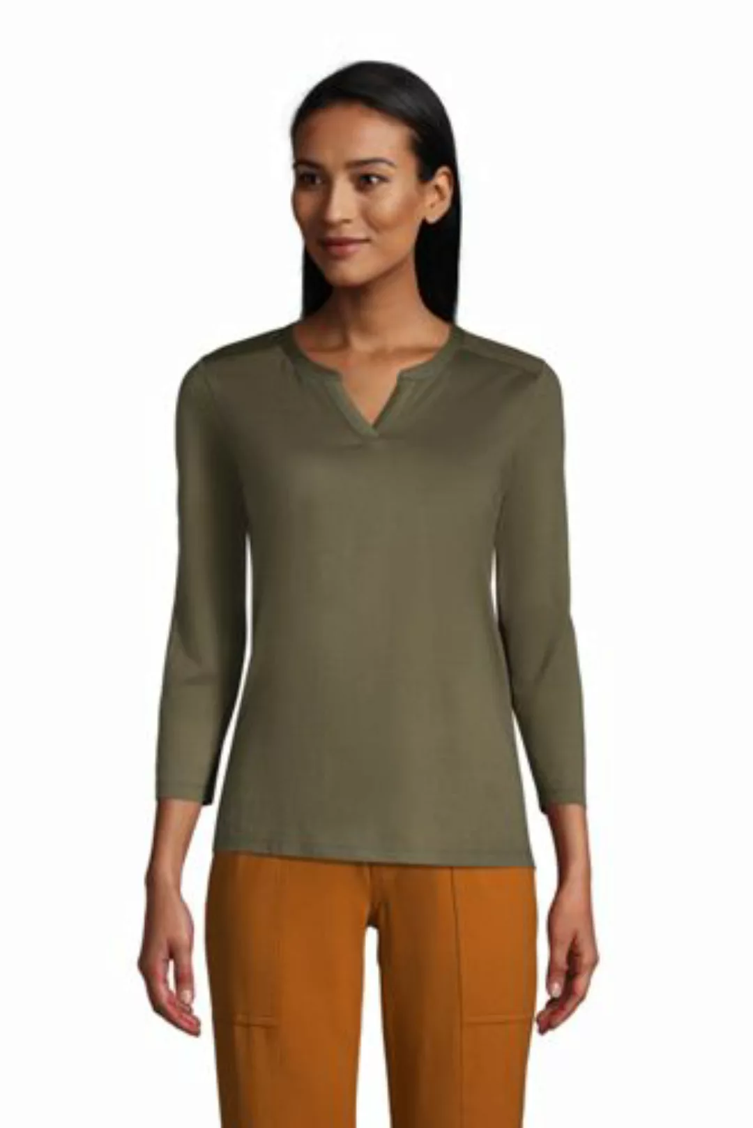 Supima-Shirt mit Tunika-Ausschnitt, Damen, Größe: L Normal, Grün, Baumwolle günstig online kaufen