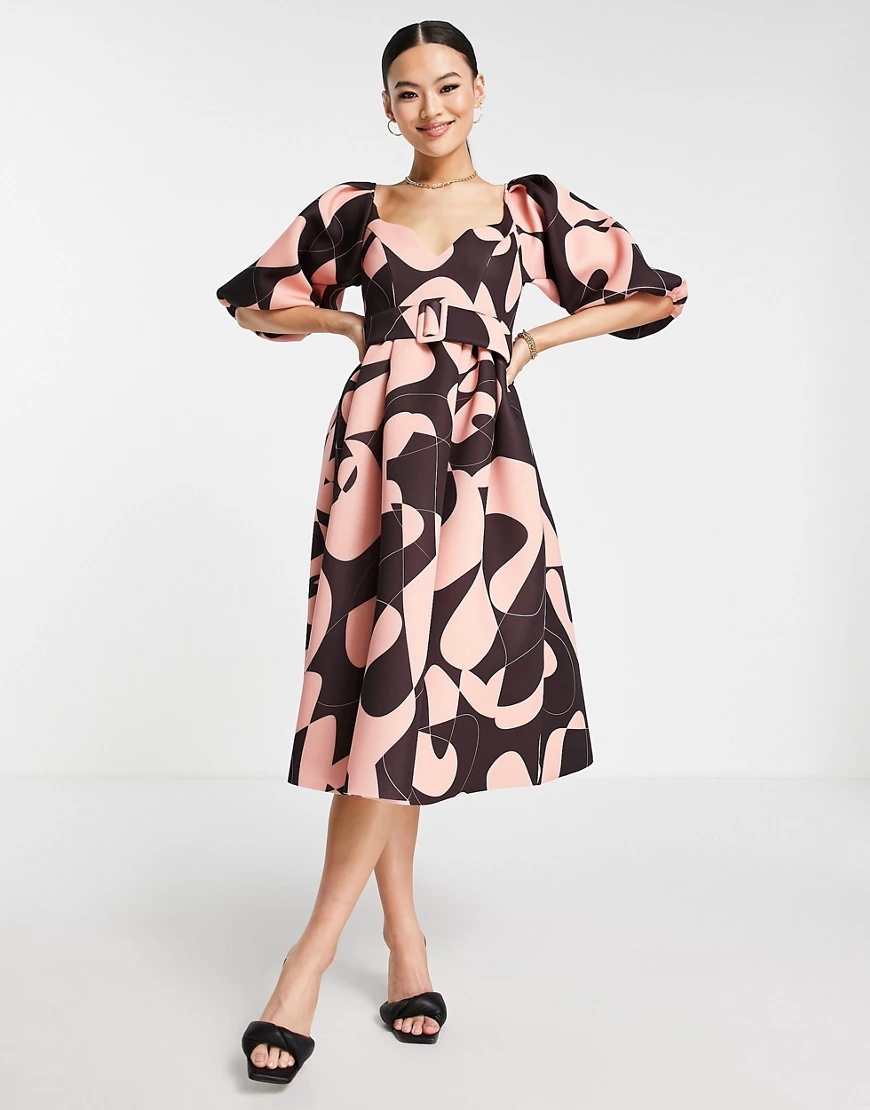 ASOS DESIGN – Skater-Kleid mit Puffärmeln, Gürtel und abstraktem Muster-Meh günstig online kaufen