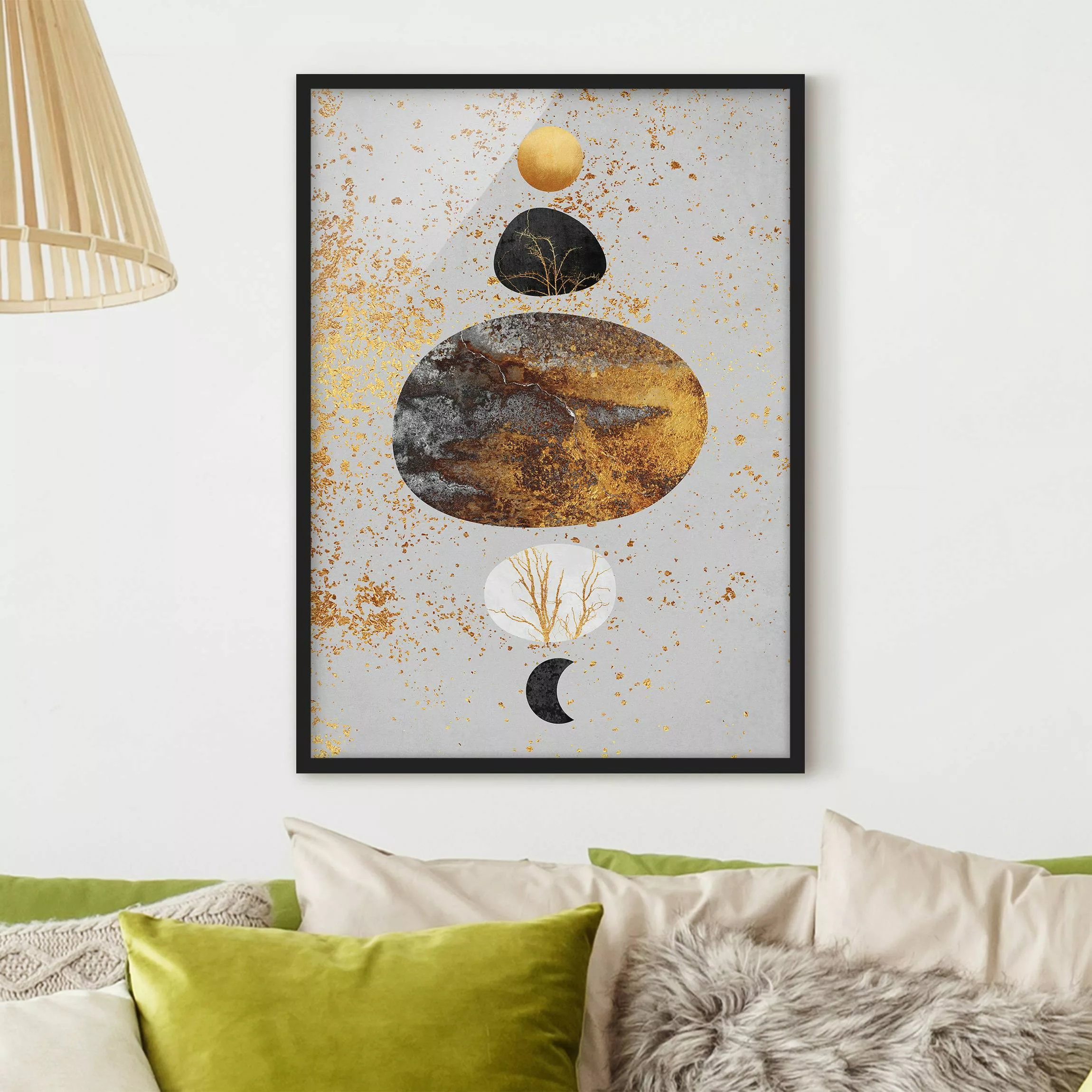 Bild mit Rahmen Abstrakt - Hochformat Sonne und Mond in Goldglanz günstig online kaufen