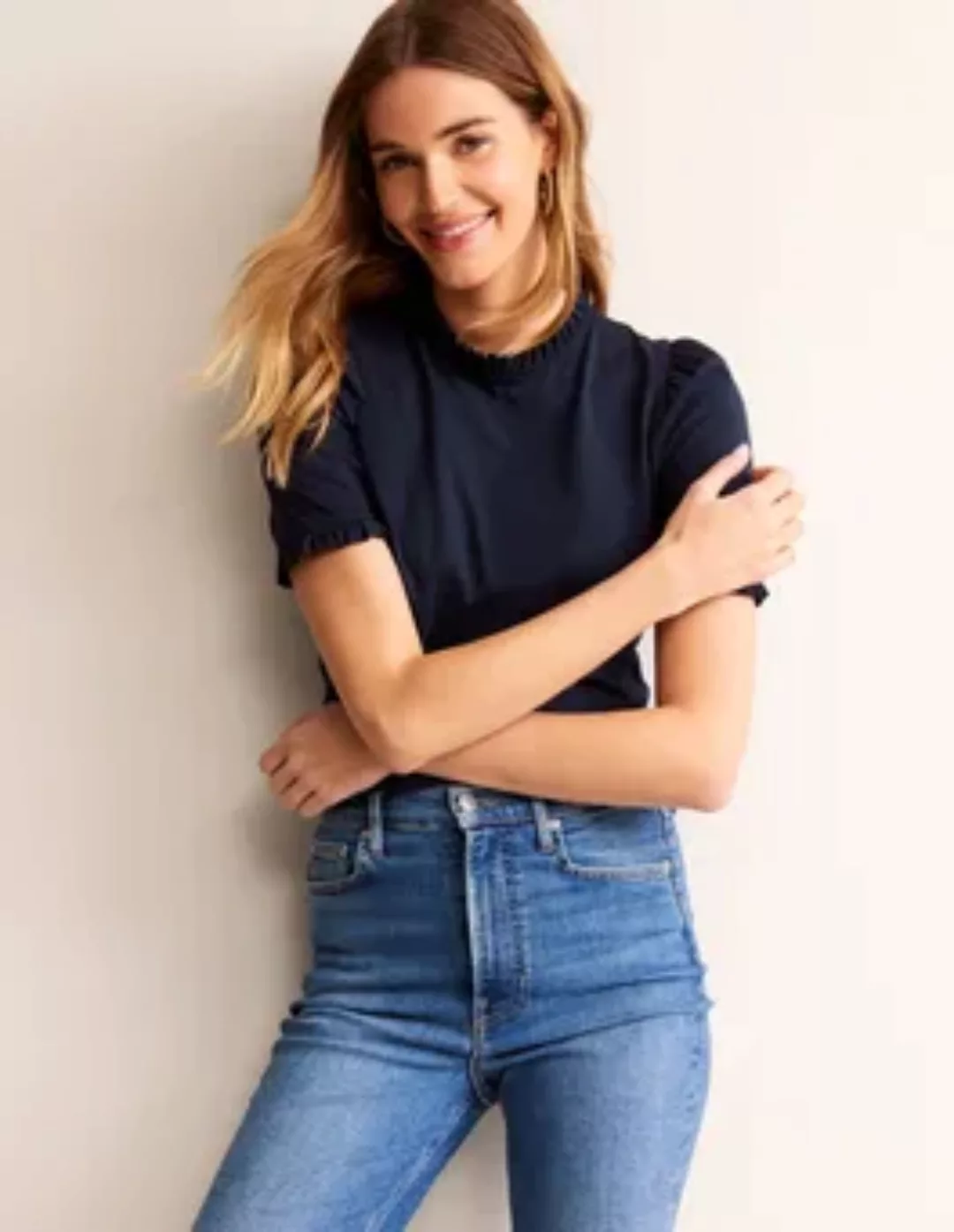 Superweiches T-Shirt mit Rüschendetail Damen Boden, Marineblau günstig online kaufen