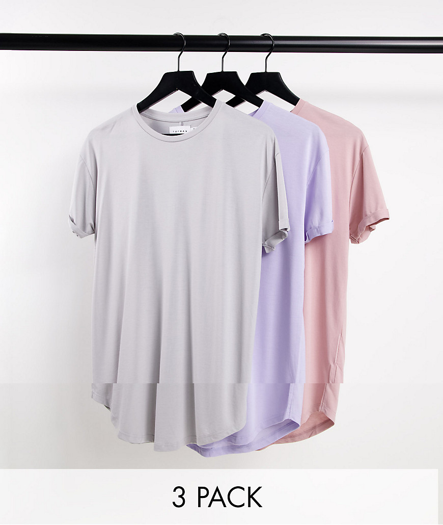 Topman – Lang geschnittene T-Shirts in verschiedenen Farben im 3er-Pack-Bun günstig online kaufen