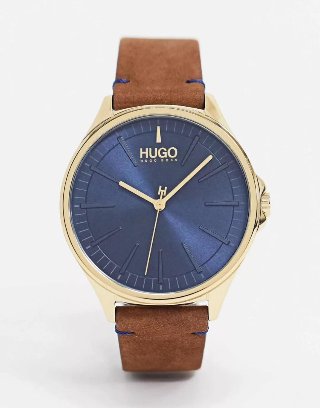 HUGO – Uhr mit Lederarmband in Braun günstig online kaufen