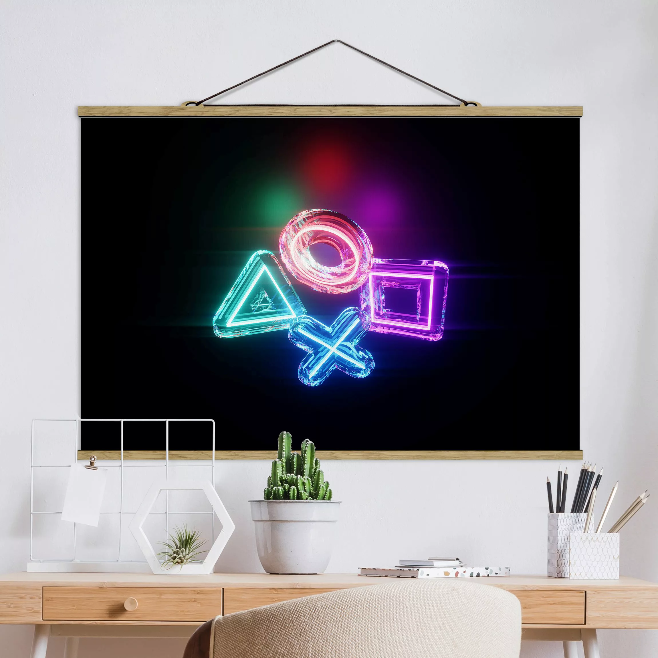 Stoffbild mit Posterleisten Neon Kreis Quadrat Dreieck X günstig online kaufen