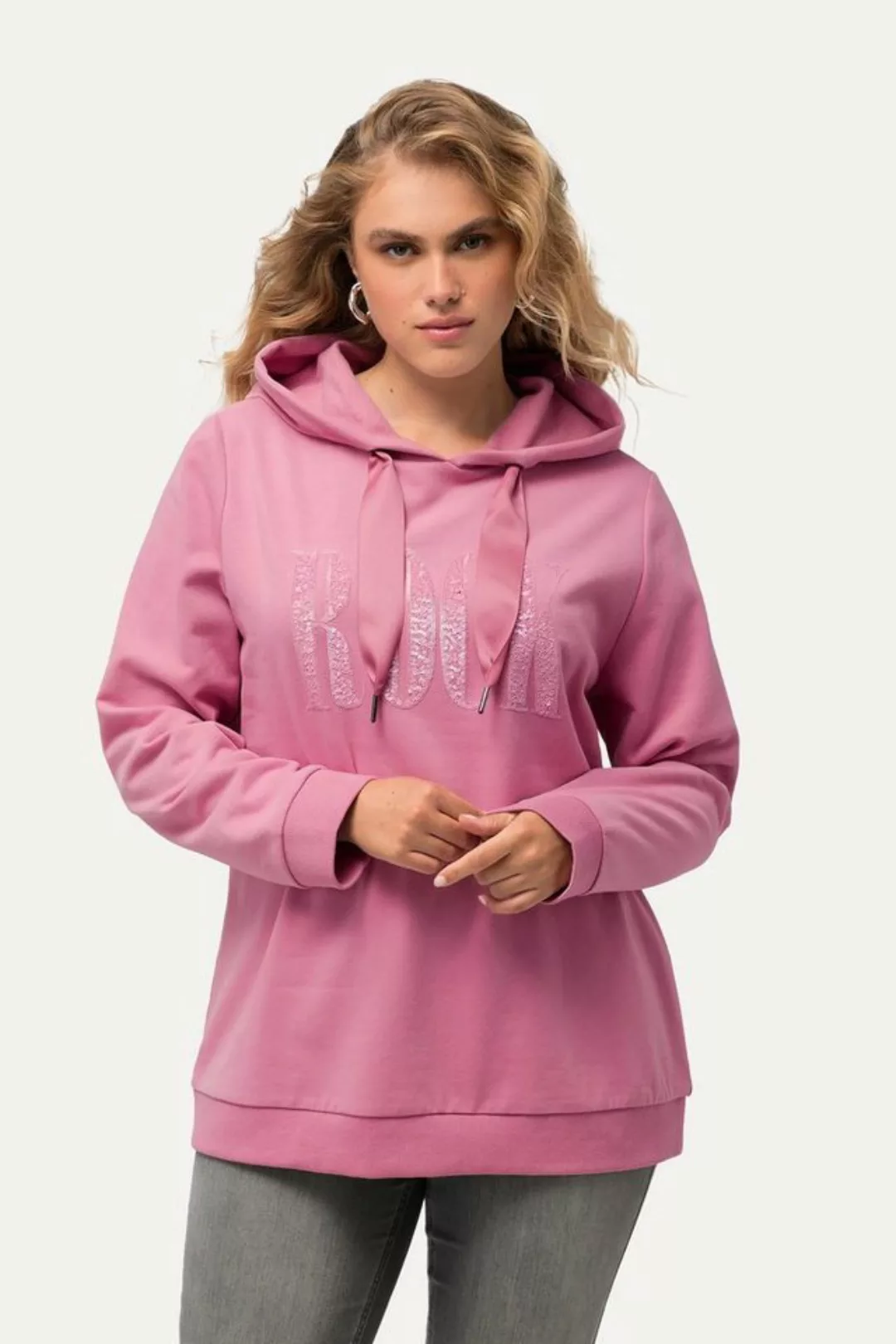 Ulla Popken Sweatshirt Hoodie Pailletten-Schriftzug Langarm Kapuze günstig online kaufen