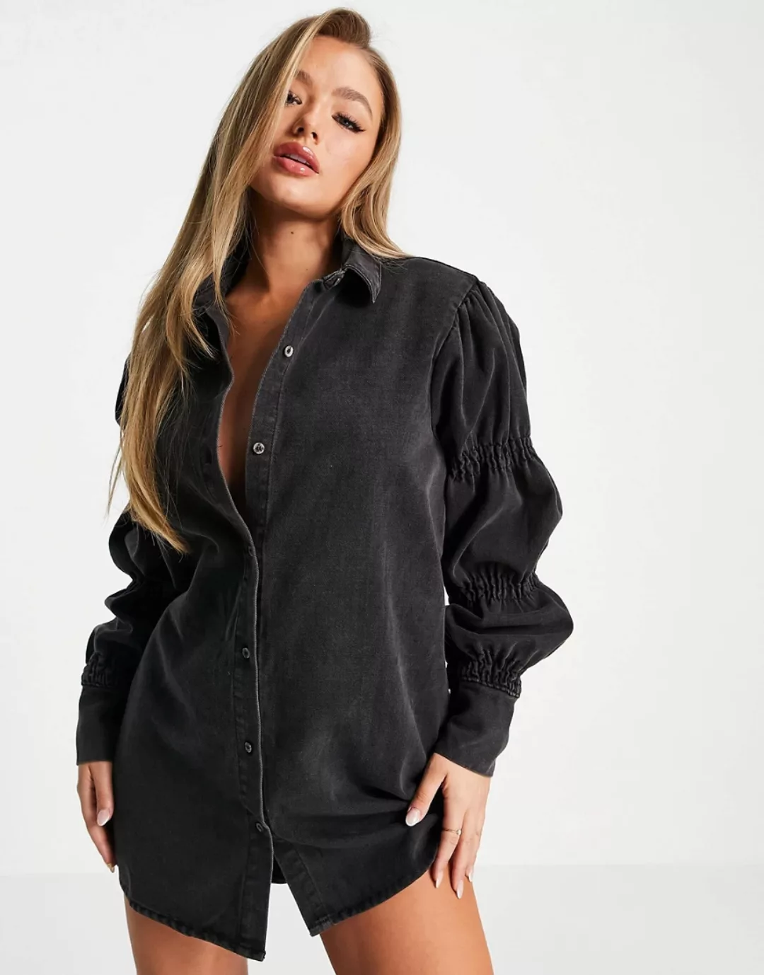 Missguided – Hemdkleid mit Puffärmeln in Schwarz günstig online kaufen