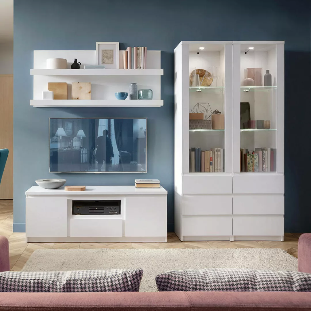 Wohnzimmer Schrankwand Set mit LED Beleuchtung, 4-teilig, in weiß FORTALEZA günstig online kaufen