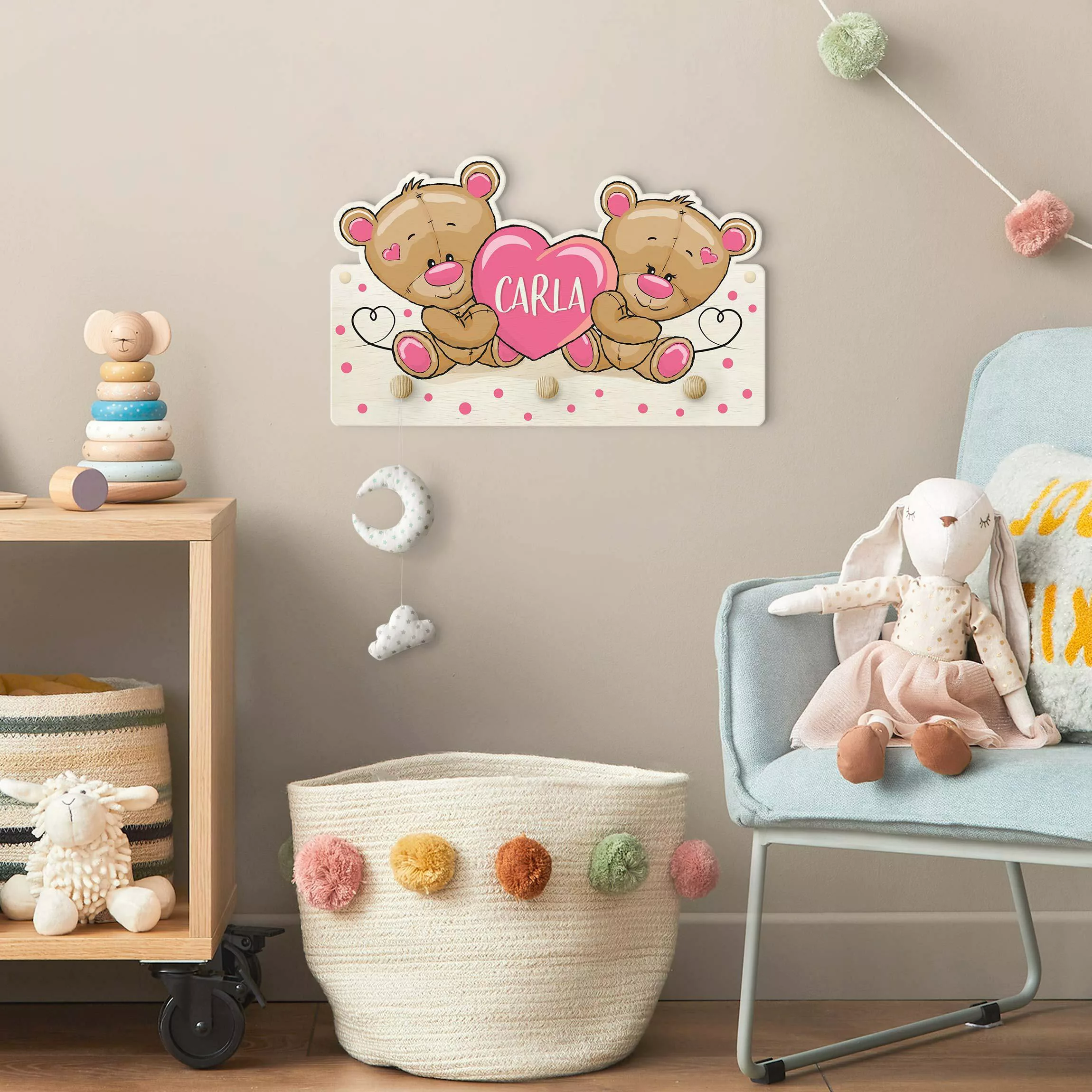 Kindergarderobe Holz mit Namen Herz Bären mit Wunschnamen rosa günstig online kaufen