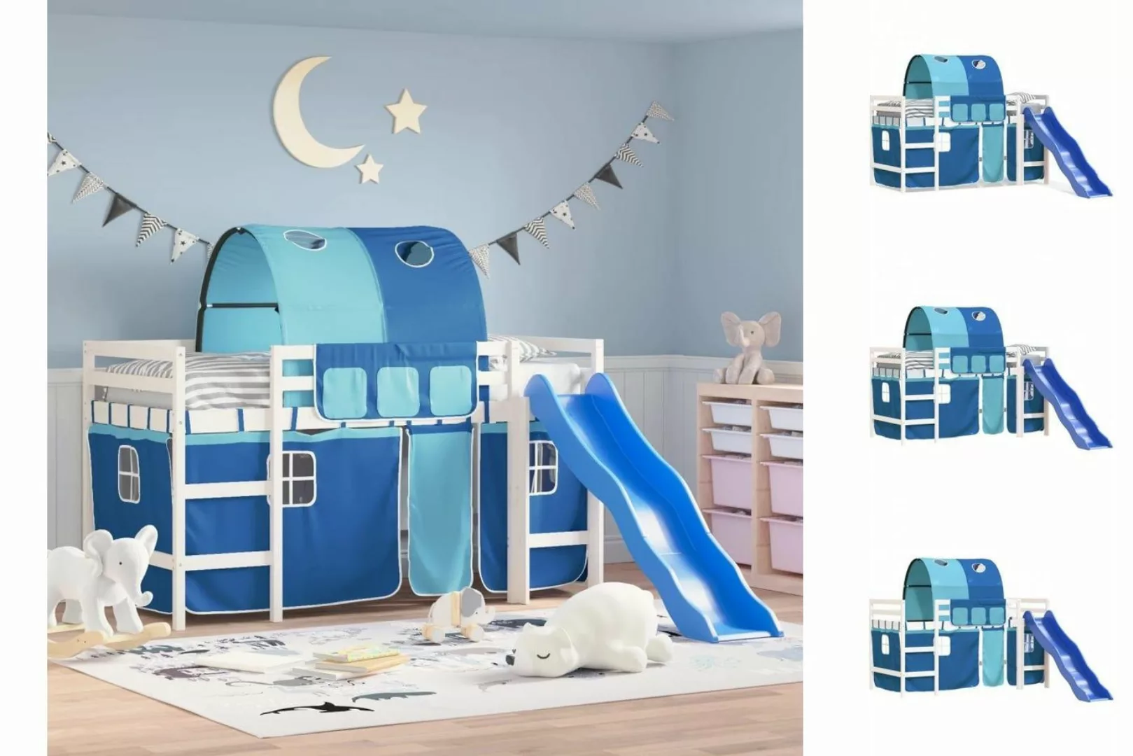 vidaXL Kinderbett Kinderhochbett mit Tunnel Blau 90x200 cm Massivholz Kiefe günstig online kaufen