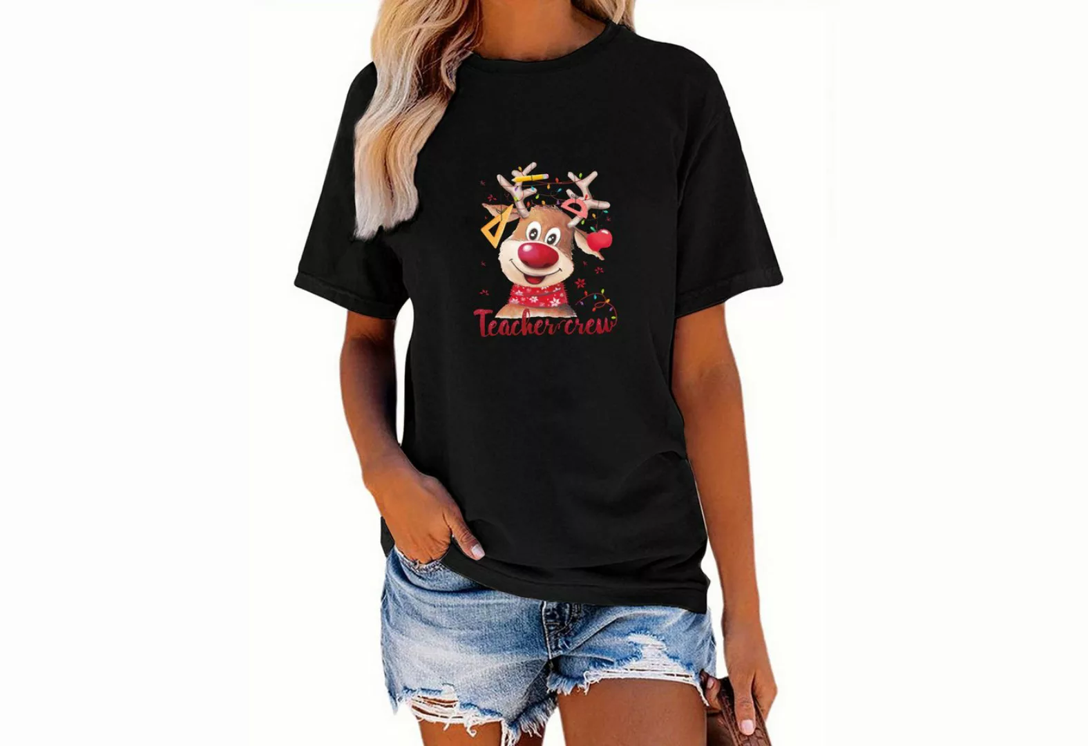 PYL Kurzarmbluse Damen Weihnachten T-Shirt Loose Casual Druck Tops günstig online kaufen