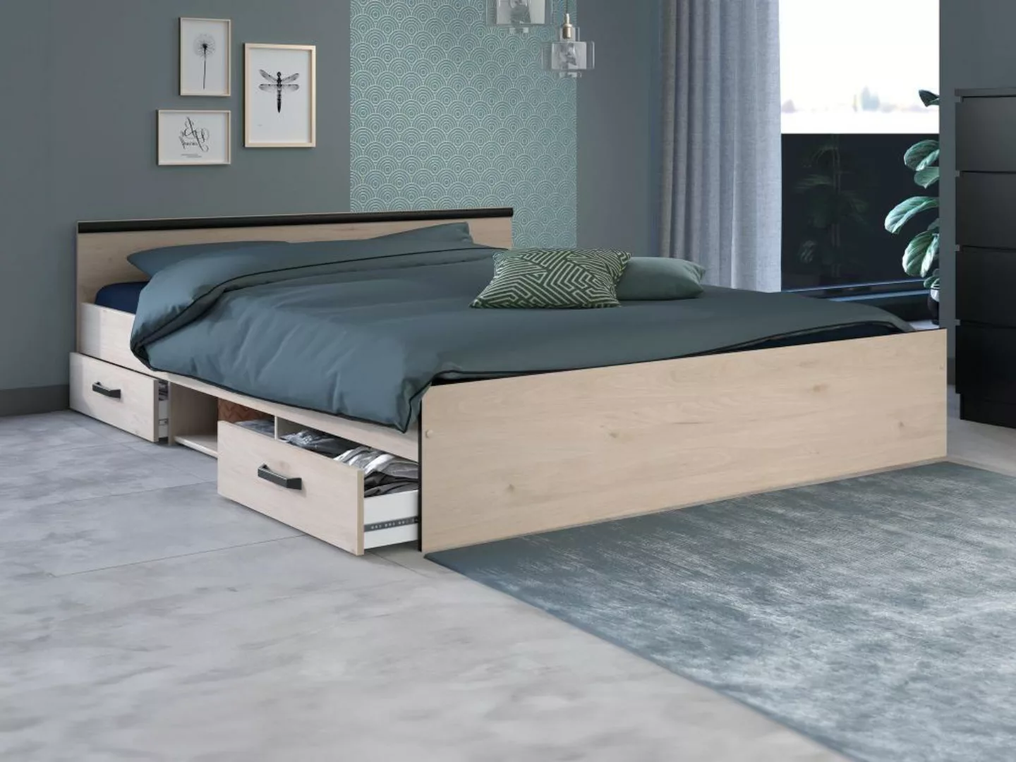 Bett mit Stauraum 140 x 190 cm - 2 Schubladen und 1 Ablagefach - Holzfarben günstig online kaufen