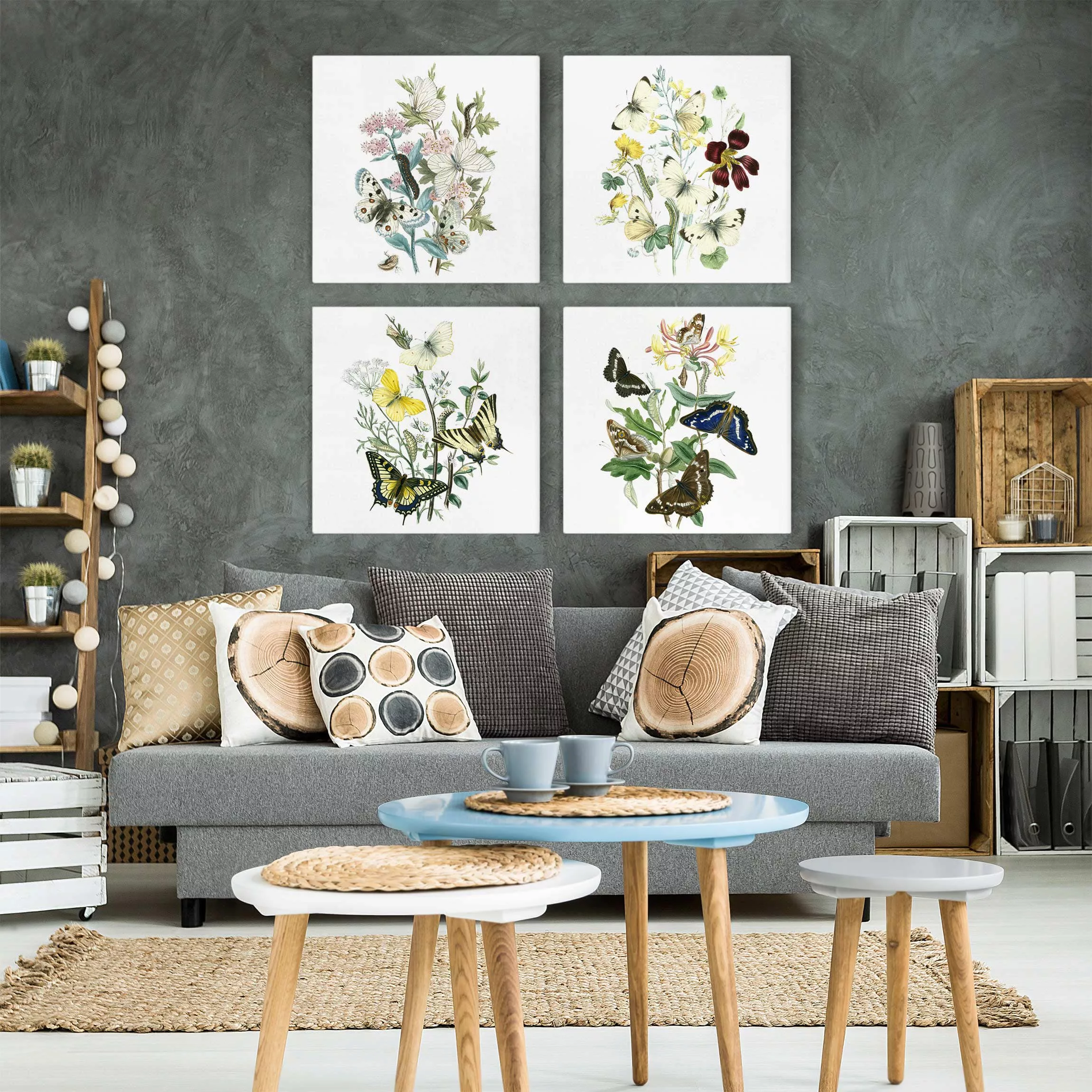 4-teiliges Leinwandbild Blumen - Quadrat Britische Schmetterlinge Set II günstig online kaufen