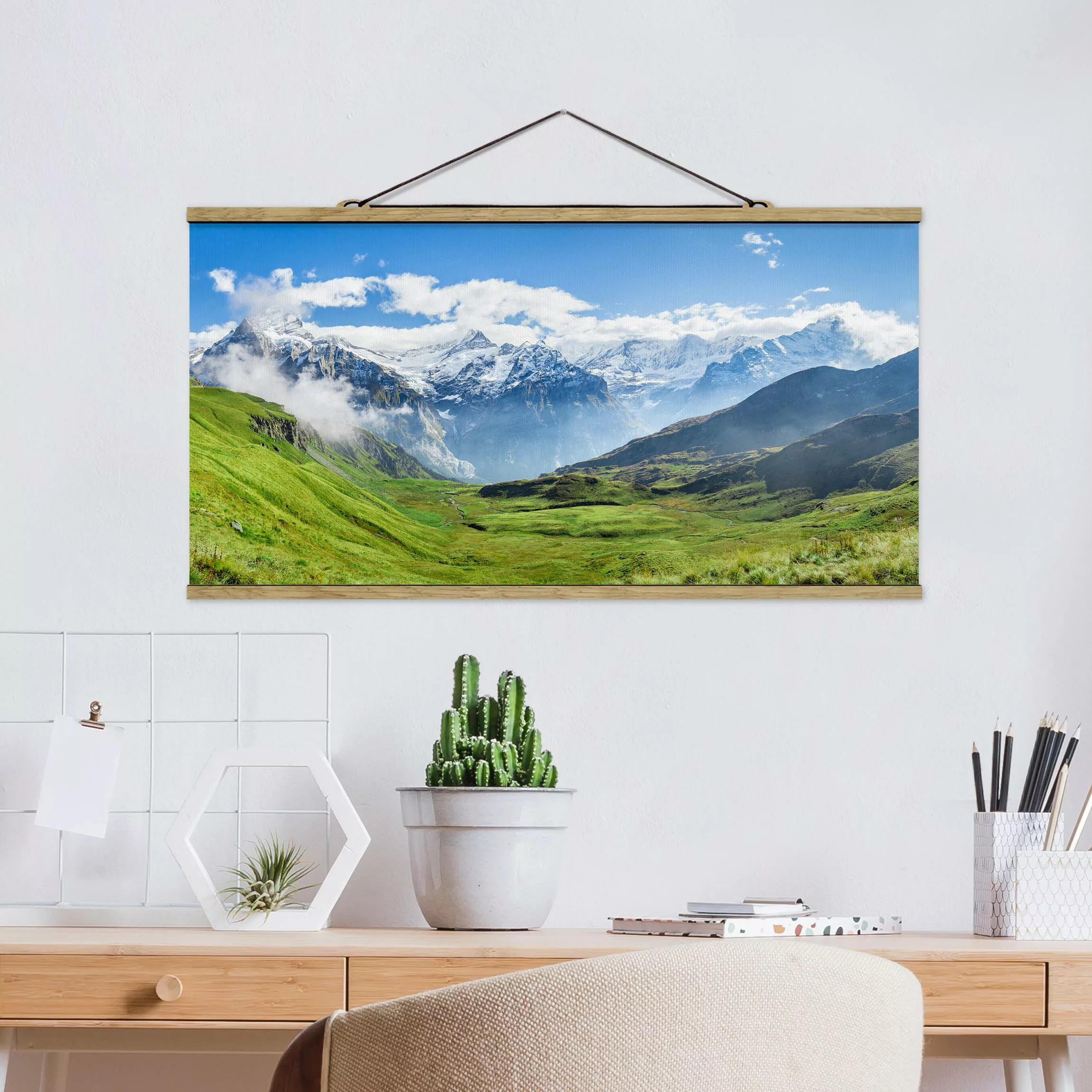 Stoffbild mit Posterleisten Schweizer Alpenpanorama günstig online kaufen
