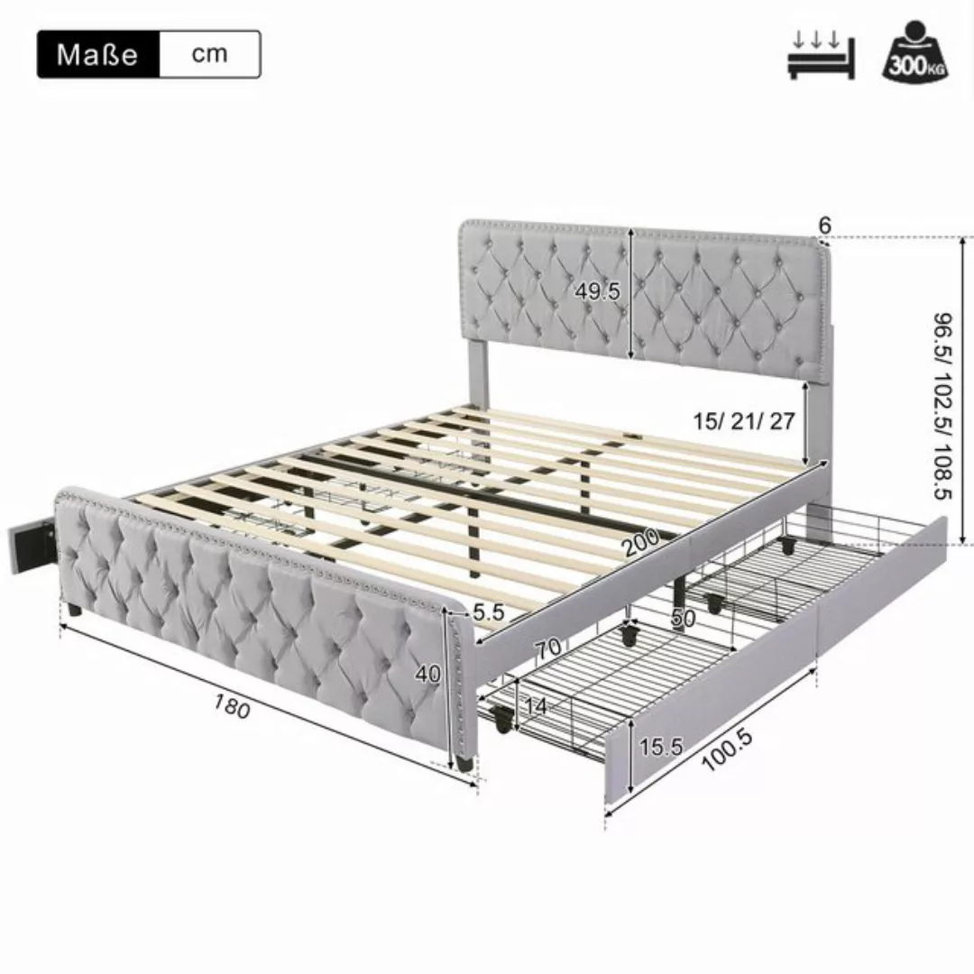 Fangqi Polsterbett 180*200cm Doppelbett mit vier Schubladen,Lattenrost aus günstig online kaufen