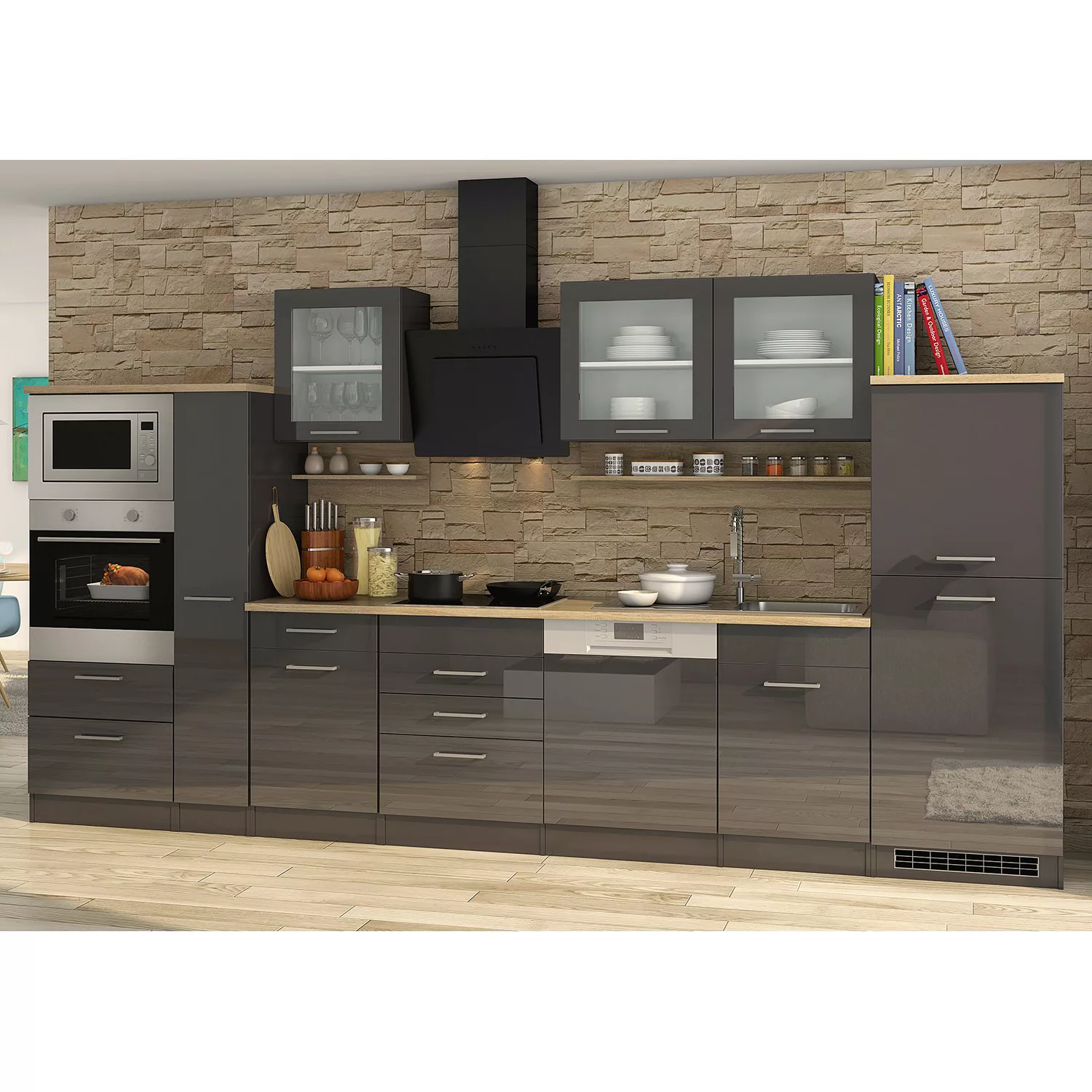 Held Möbel Küchenzeile Mailand 370 cm Weiß Hochglanz-Weiß Matt mit E-Geräte günstig online kaufen