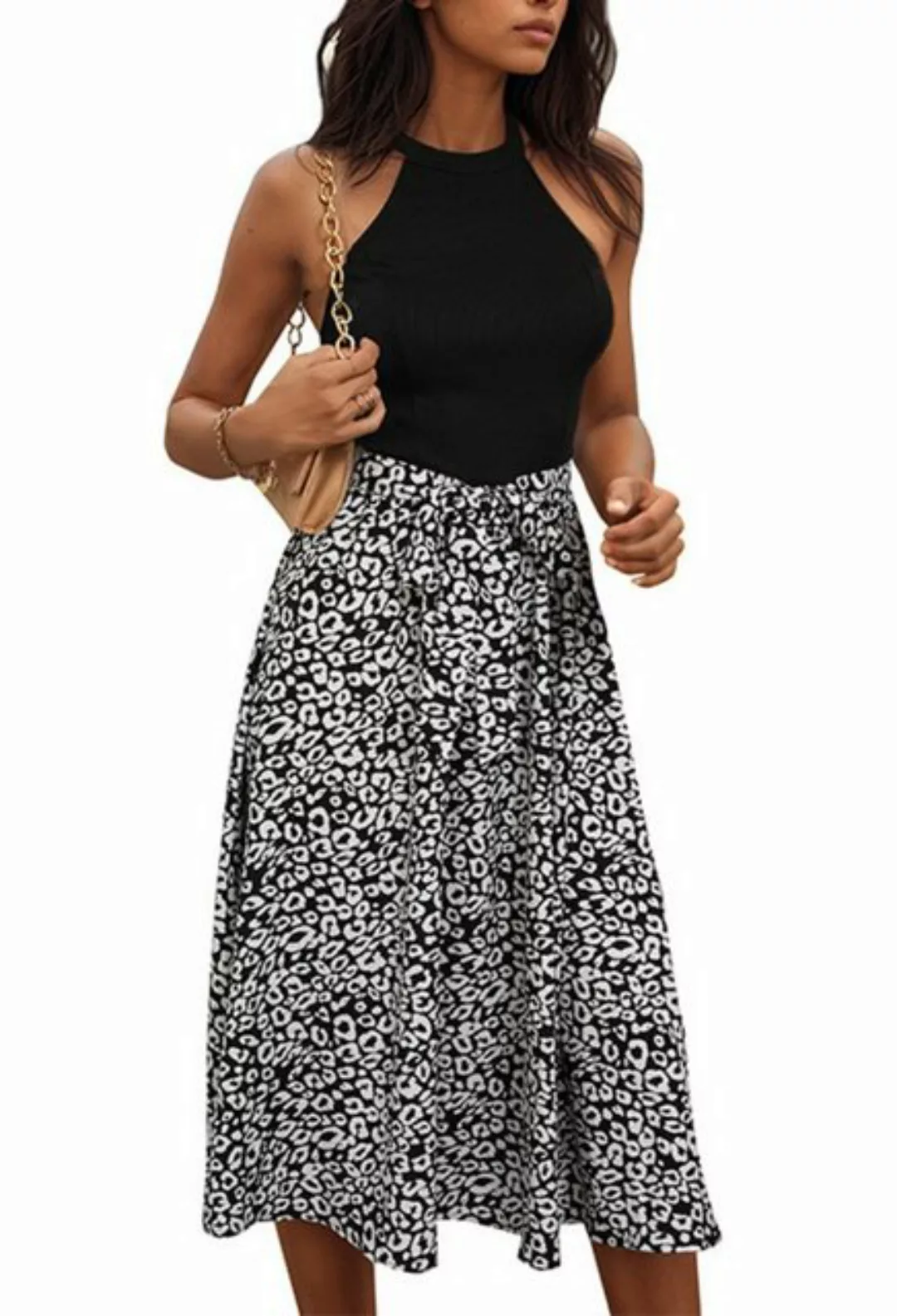 CHENIN Strandkleid Sommerliches Damen-Patchwork-Neckholder-Kleid mit Leopar günstig online kaufen