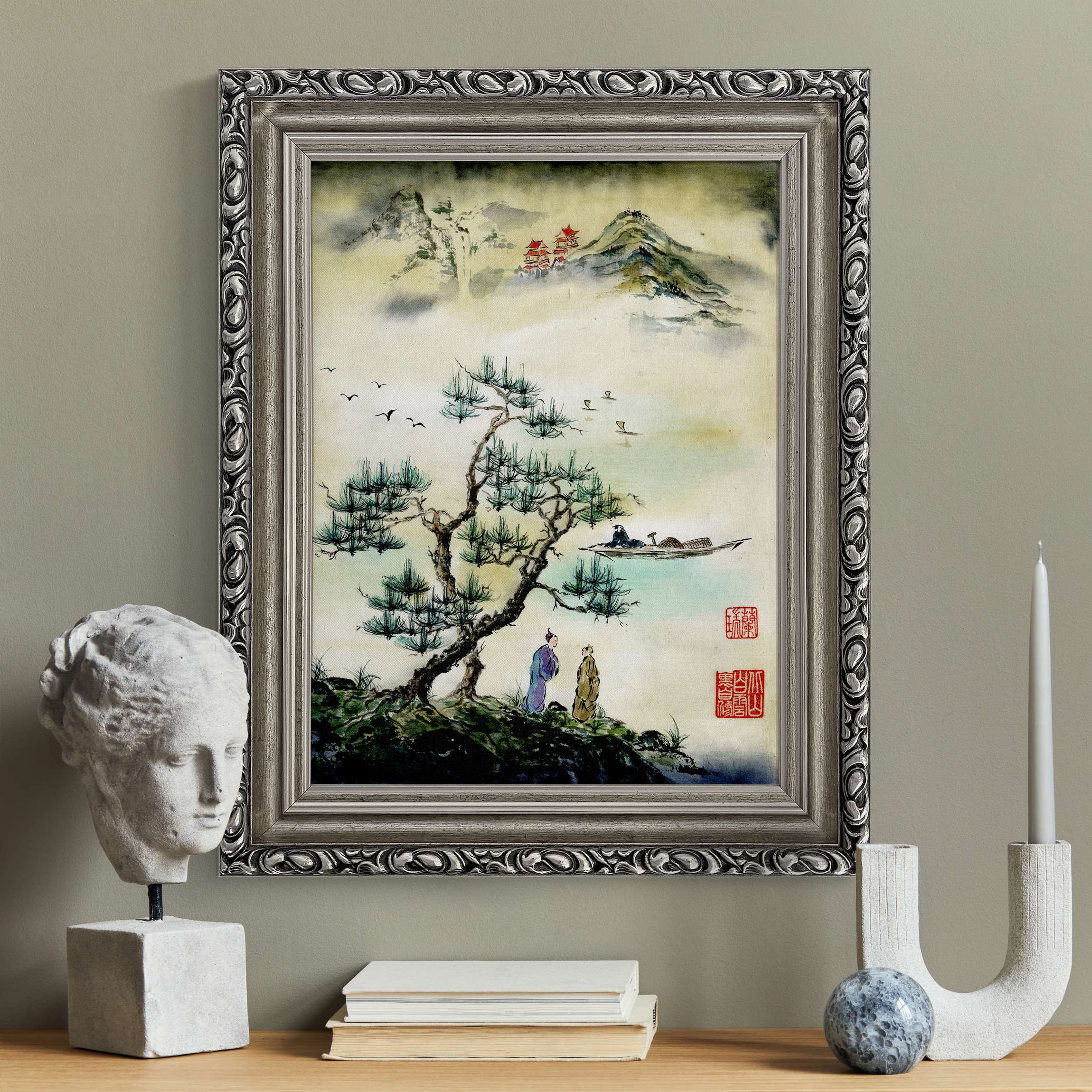 Gerahmtes Leinwandbild Japanische Aquarell Zeichnung Kiefer und Bergdorf günstig online kaufen