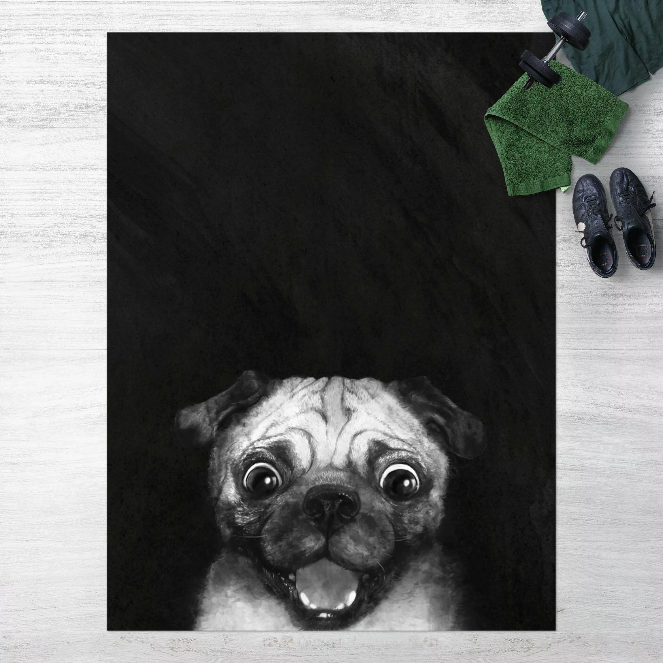 Vinyl-Teppich Illustration Hund Mops Malerei auf Schwarz Weiß günstig online kaufen