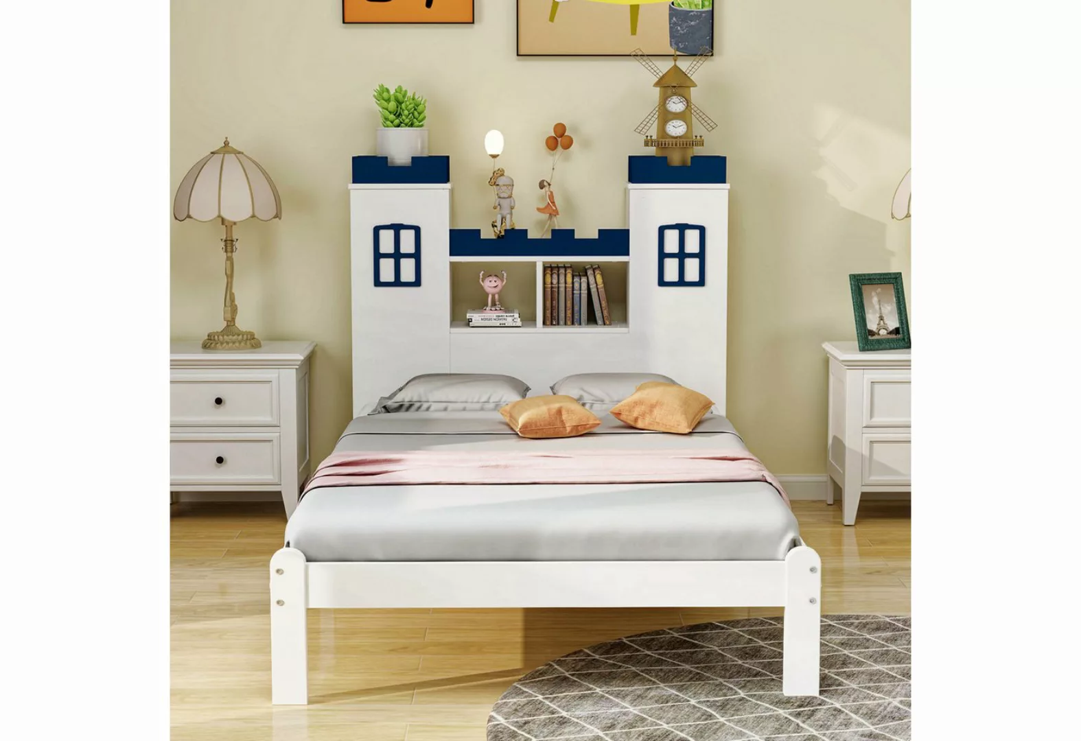 WISHDOR Kinderbett Stauraumbett Holzbett Einzelbett 90x200 cm (Burgform, me günstig online kaufen