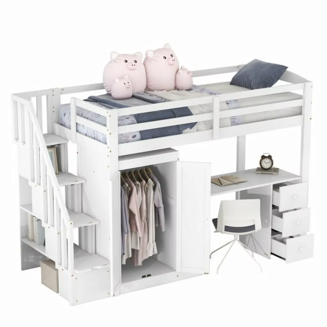 XDeer Jugendbett 90 x 200 Hochbett mit Kleiderschrank und Treppe, Schreibti günstig online kaufen