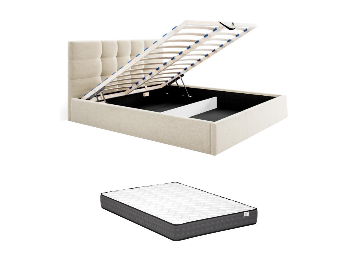 Polsterbett mit Bettkasten + Matratze - 160 x 200 cm - Stoff - Beige - ELIA günstig online kaufen