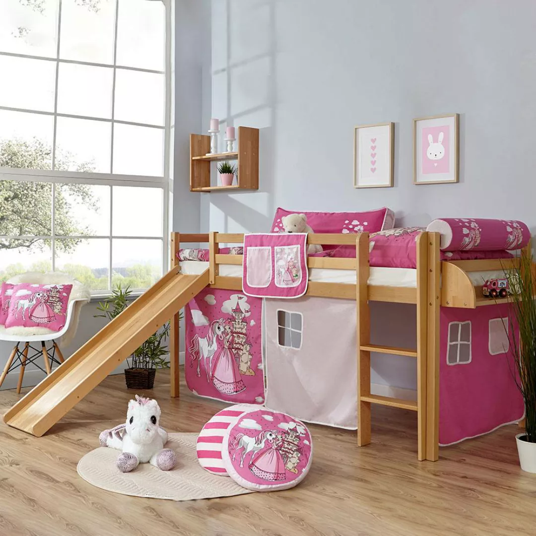 Kinderbett aus Buche Massivholz Webstoff in Pink und Rosa günstig online kaufen