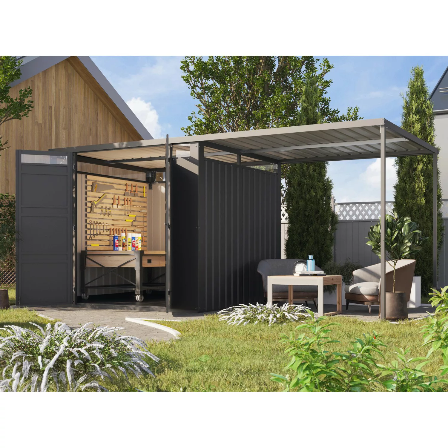 Karibu Gartenhaus/Gerätehaus Set Mateo 2 Anthrazit mit Anbaudach 225 m 5,37 günstig online kaufen