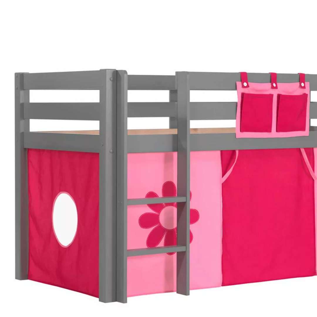 Mädchen Kinderzimmerbett in Grau Rosa Pink Blumen Motiv günstig online kaufen