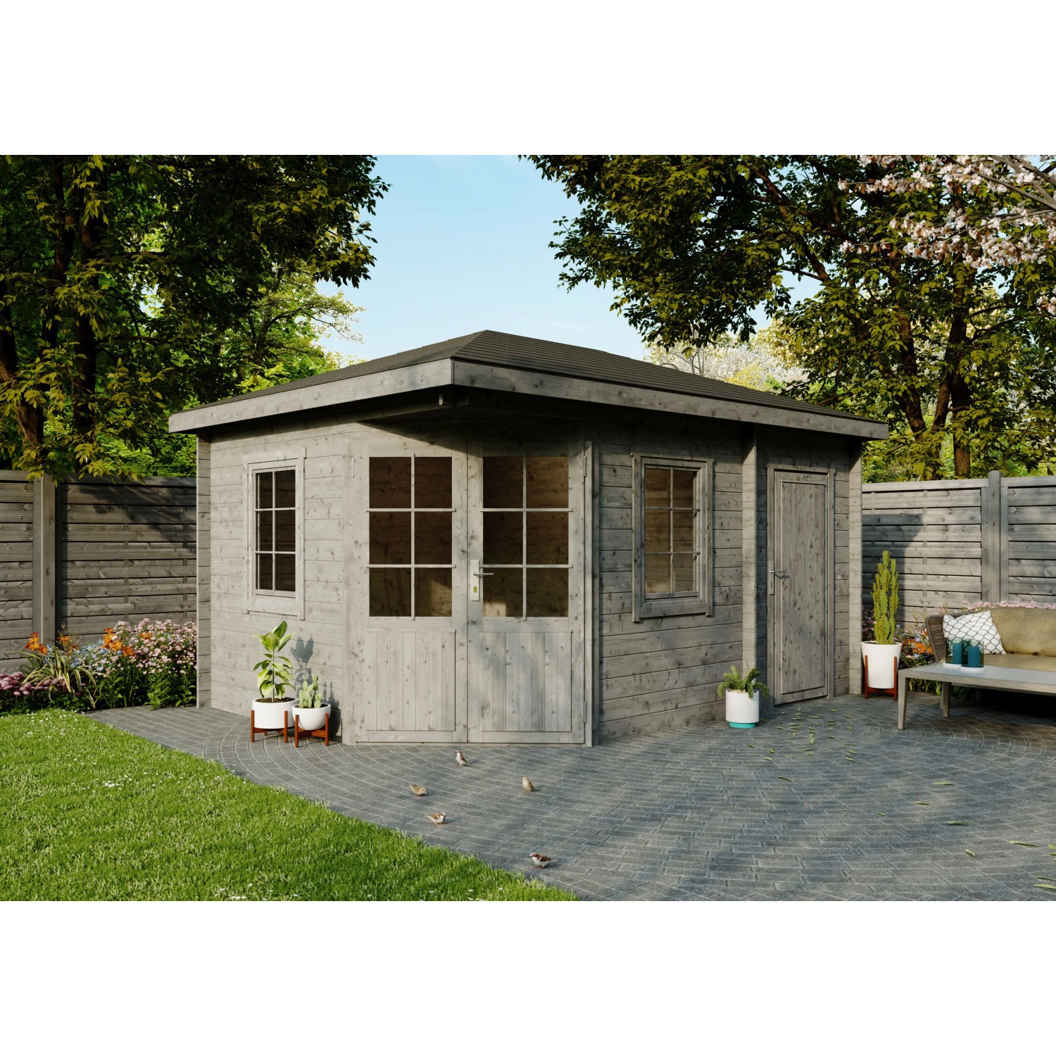 Fjordholz 5-Eck Gartenhaus Modell Evelyn 3D Grau Imprögniert günstig online kaufen