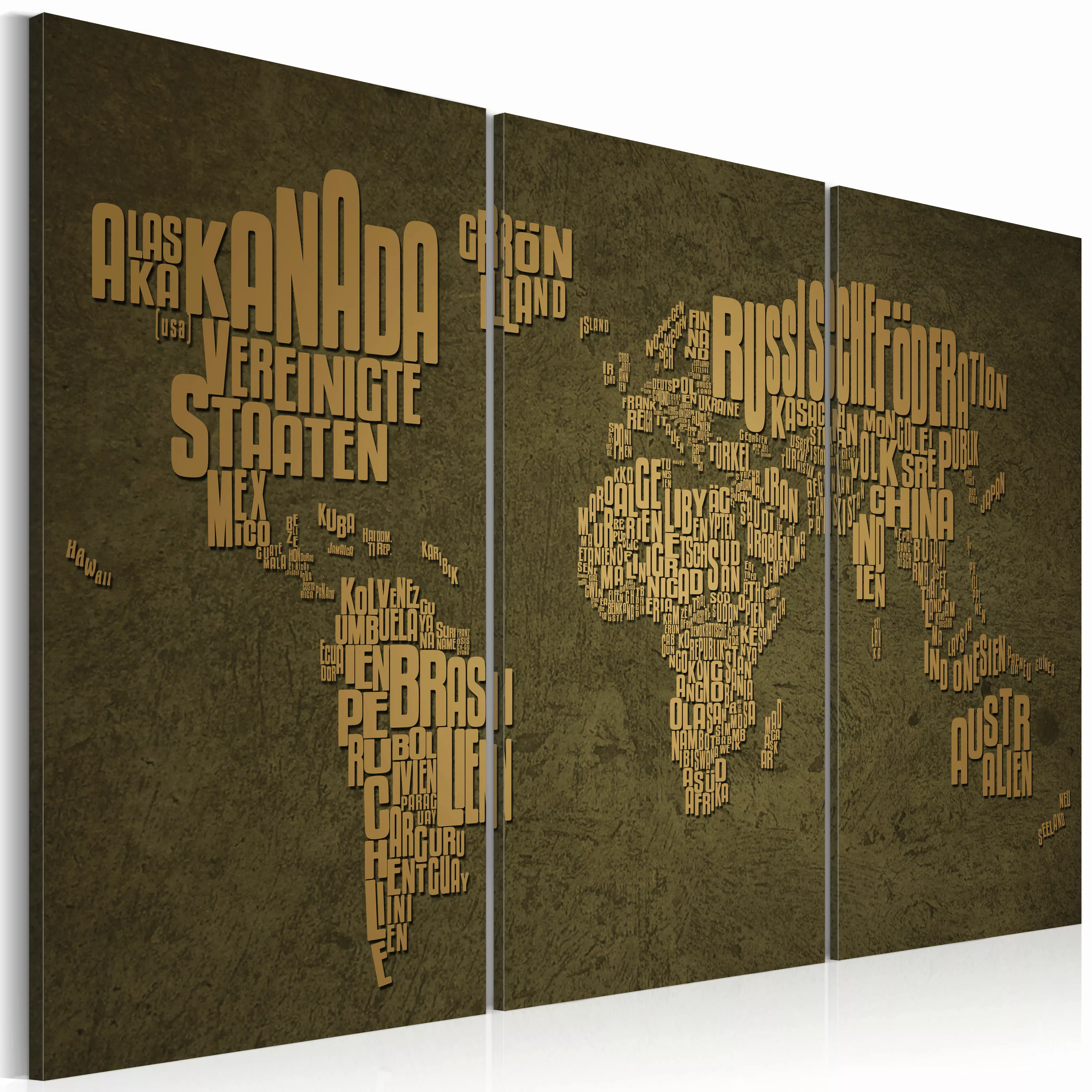 Wandbild - Weltkarte, Deutsche Sprache: Beige Kontinente - Triptychon günstig online kaufen