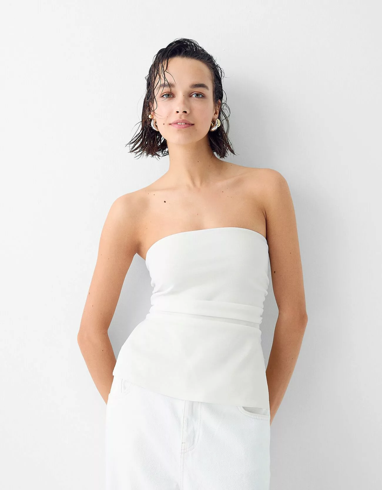 Bershka Bandeau-Top Aus Punto-Di-Roma Mit Raffung Damen M Grbrochenes Weiss günstig online kaufen