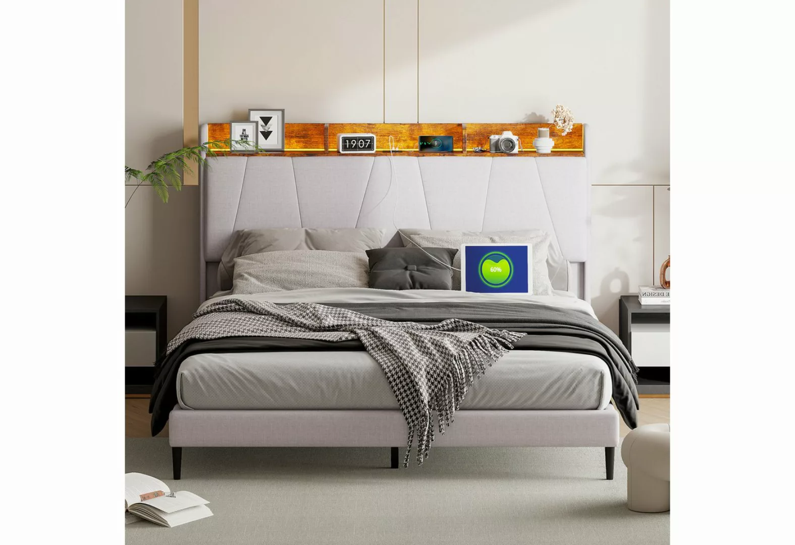 LuxeLiving Polsterbett LED Doppelbett, Stauraumbett, mit 2 USB-Laden und St günstig online kaufen