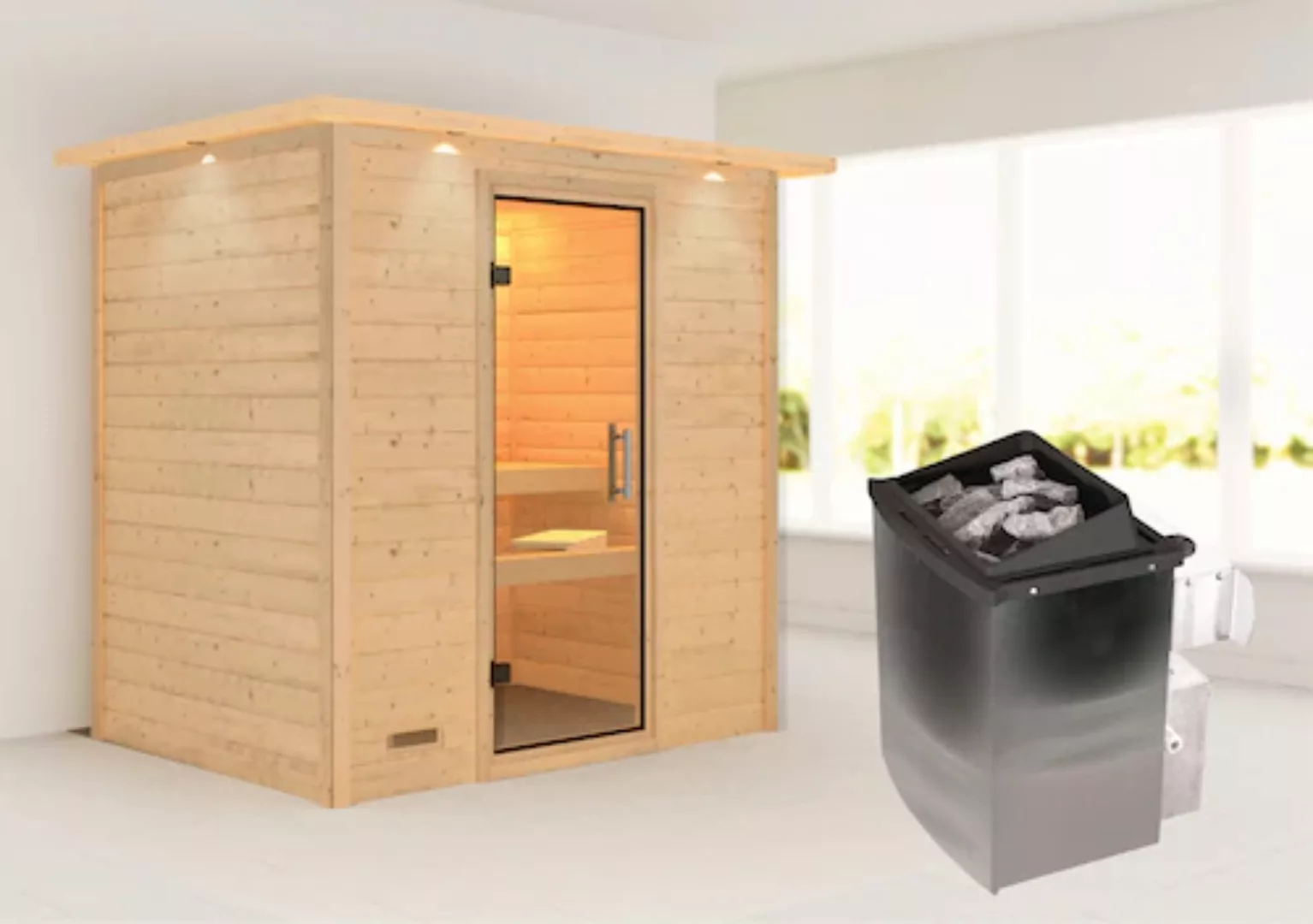 Karibu Sauna »"Sonja" mit Klarglastür und Kranz Ofen 9 kW integr. Strg« günstig online kaufen