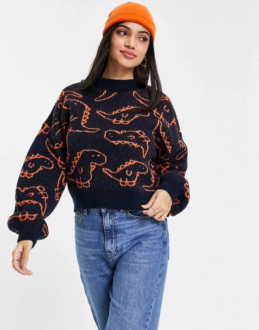 ASOS DESIGN – Pullover mit Dinosaurier-Muster-Blau günstig online kaufen