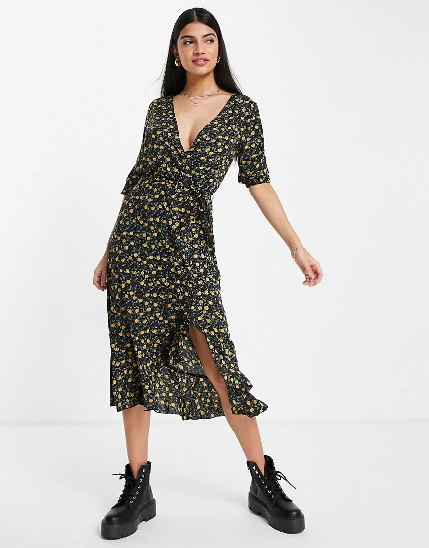 Brave Soul – Midi-Wickelkleid in Schwarz mit Print günstig online kaufen