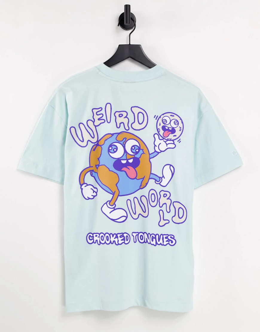 Crooked Tongues – T-Shirt in Blau mit Weltkugel-Grafikprint am Rücken günstig online kaufen