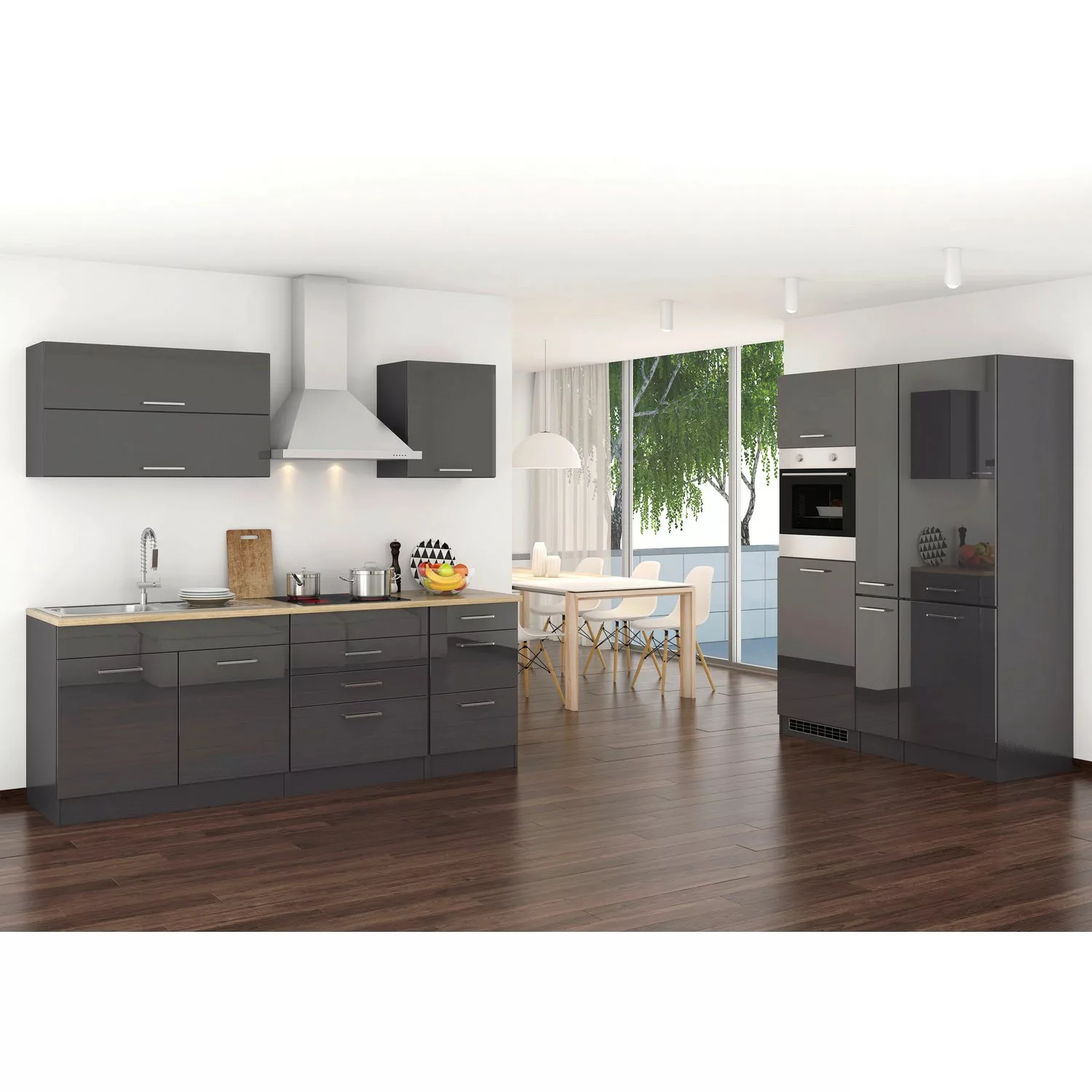 Held Möbel Küchenzeile Mailand 380 cm Grau Hochglanz-Grau Matt mit E-Geräte günstig online kaufen