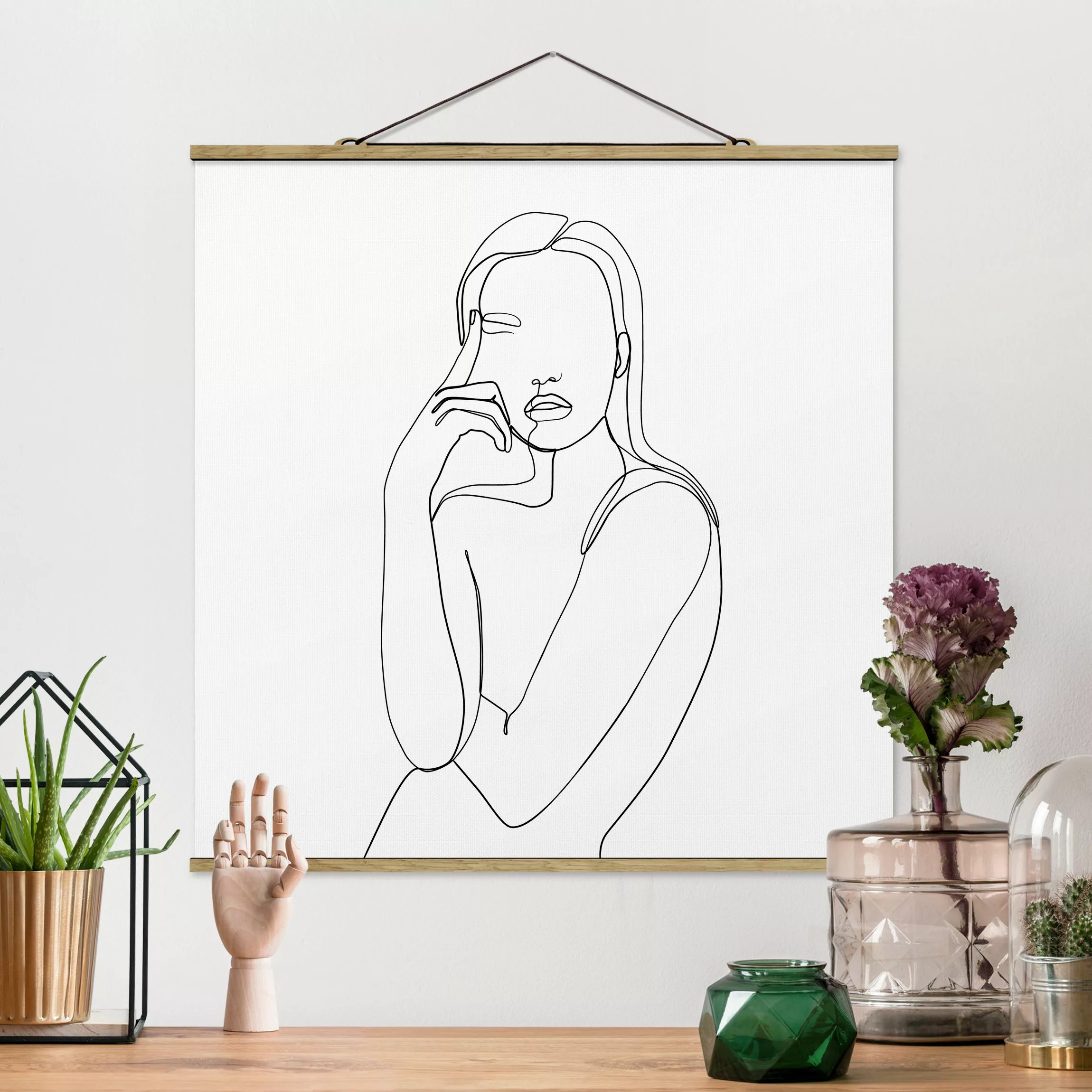 Stoffbild Abstrakt mit Posterleisten - Quadrat Line Art Nachdenkliche Frau günstig online kaufen