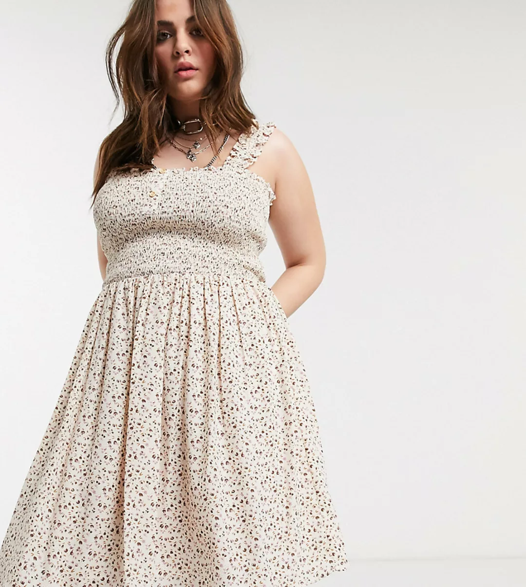 Only Curve – Skater-Kleid mit gekräuseltem Oberteil und Blumenmuster in Cre günstig online kaufen