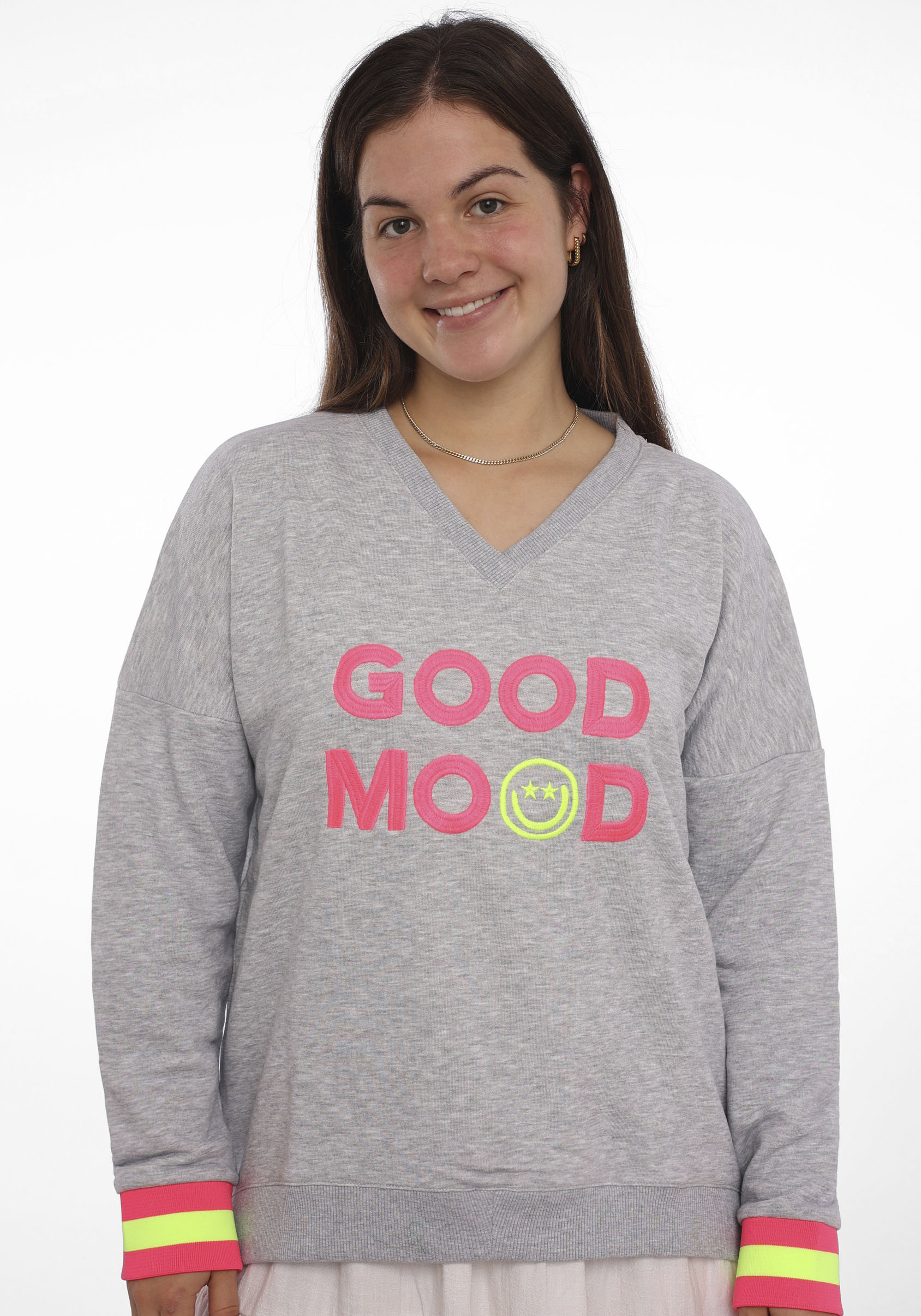 Zwillingsherz Sweatshirt mit aufgesticktem Smiley und "Good Mood"-Schriftzu günstig online kaufen