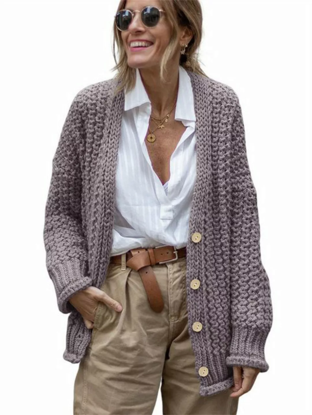 RUZU UG Cardigan Damen Strickjacke Lose Passform Pullover Oversize Fleeceja günstig online kaufen
