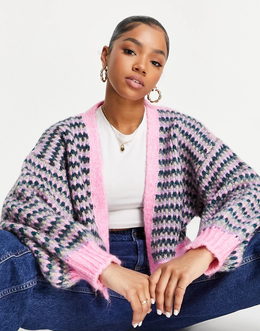 Topshop – Farbenfrohe Strickjacke in Rosa günstig online kaufen